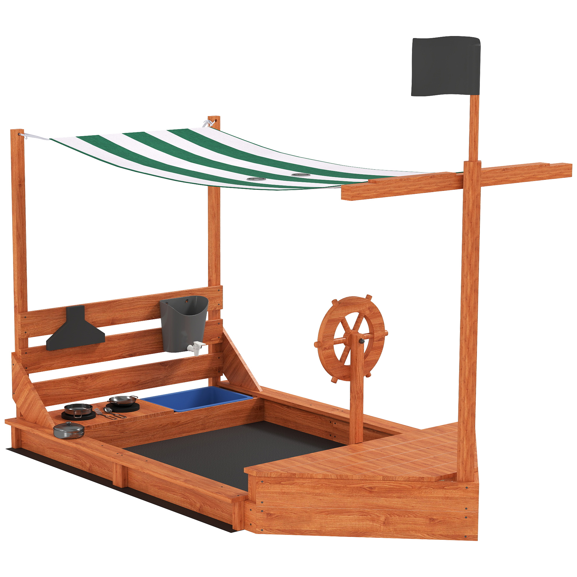 Outsunny Sandkasten Sandkiste groß mit Abdeckung im Schiff Design Matschekiste aus Holz Segelschiff Spielhaus mit Küchenspielset Aufbewahrung für Kinder 3-7 Jahre Orange 180 x 103 x 144,5 cm Aosom