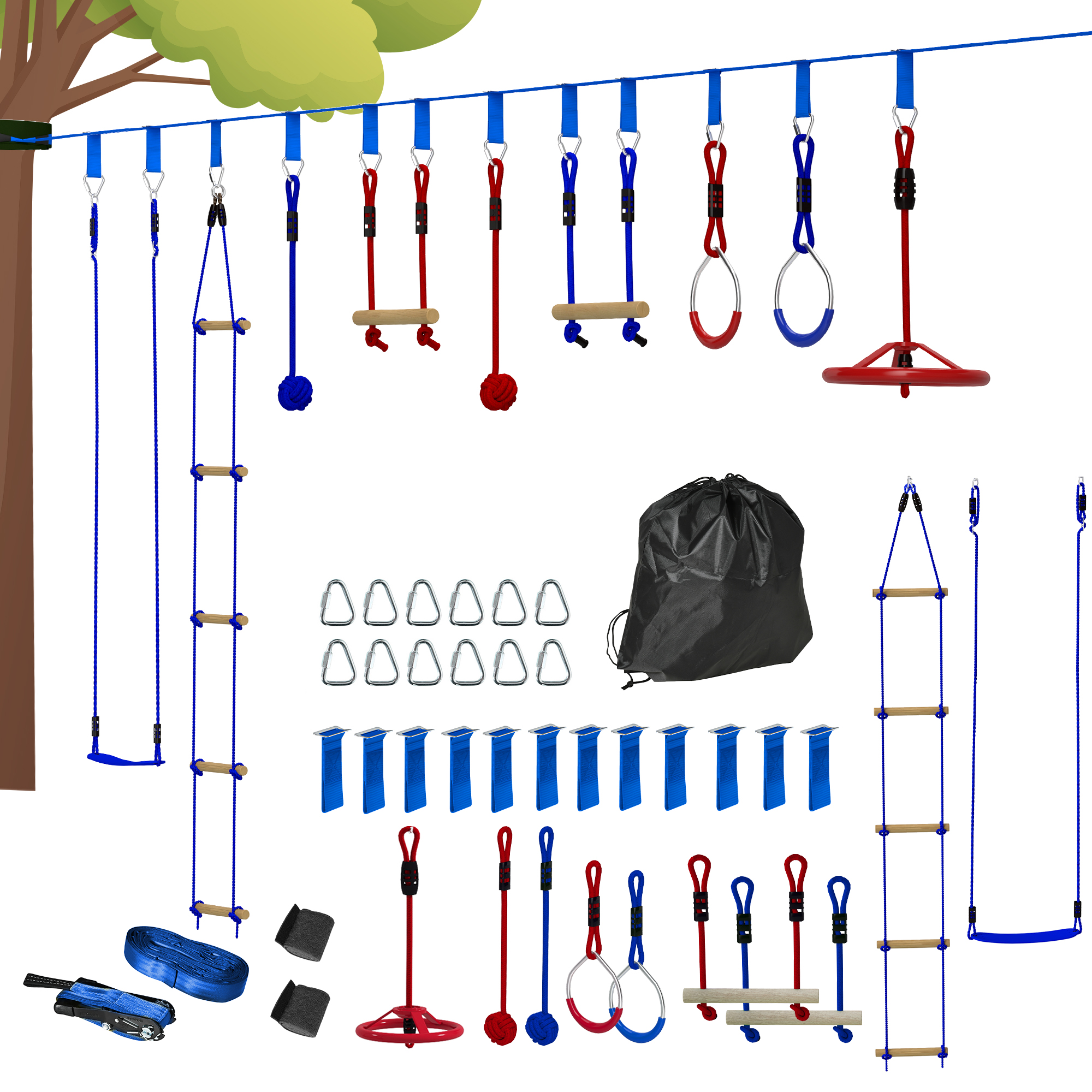 AIYAPLAY Ninja Warrior Hindernisparcours für Kinder 10 m Ninja Slackline Kit mit Kletterleiter Zubehör, Turnringe, Hängetablett, Schaukel, Kletterstangen, Trainingsausrüstungsset für Kinder   Aosom