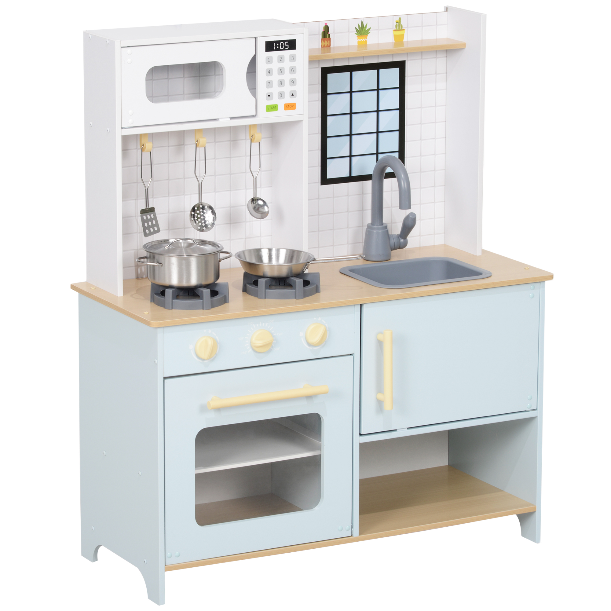 AIYAPLAY Kinderküche Spielküche mit Mikrowelle, Herd, Backofen und Küchenzubehör, Puppenküche mit Stauraum für 3+ Jahre Kinder, Blau Aosom