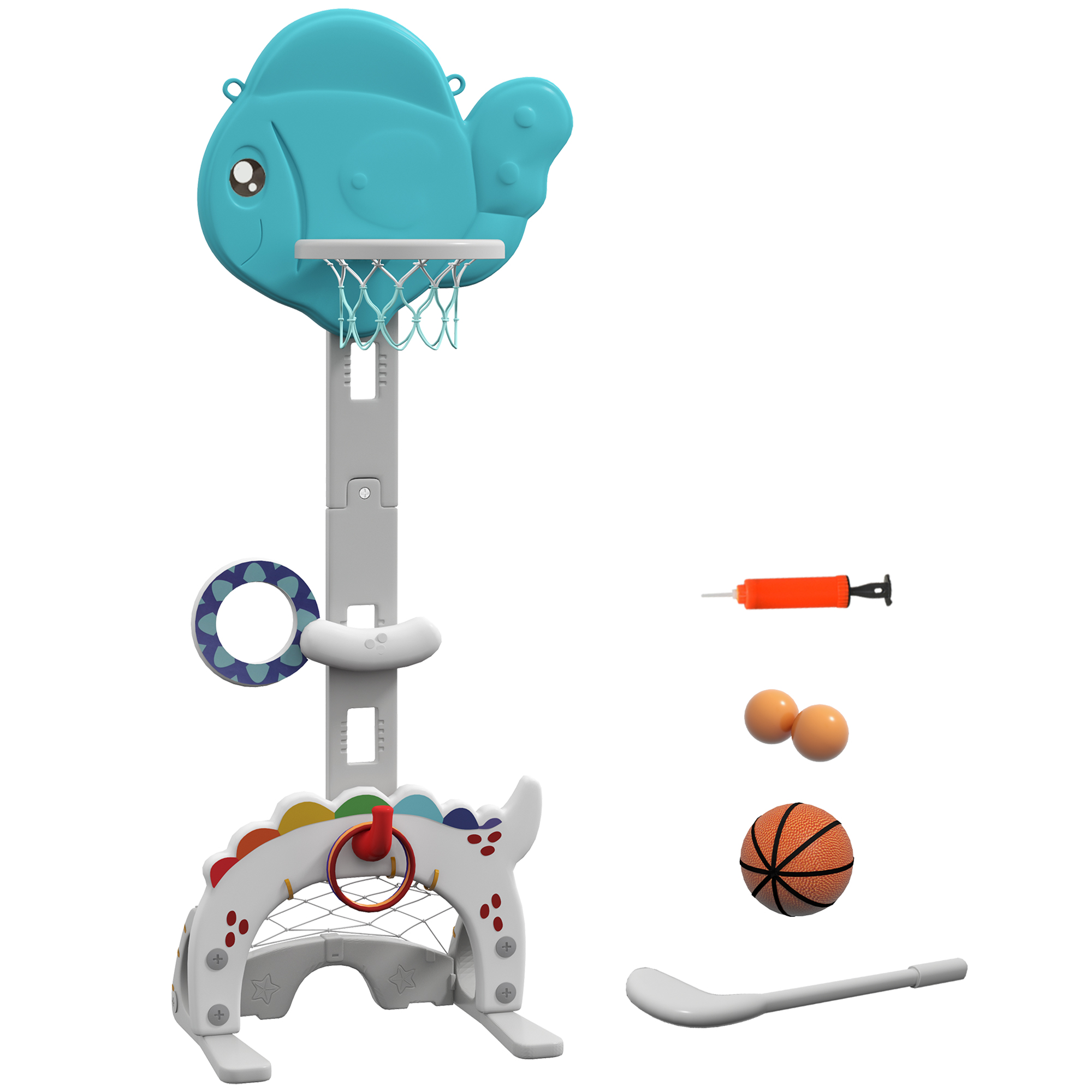 AIYAPLAY 5 in 1 Kinder Basketballkorb Höhenverstellbarer 134-152 cm Basketballkorb mit Basketballs Pumpe Fußballtor Golfball Fischform Indoor Outdoor Spielzeug für Jungen Mädchen 3-6 Jahre Blau+Grau Aosom