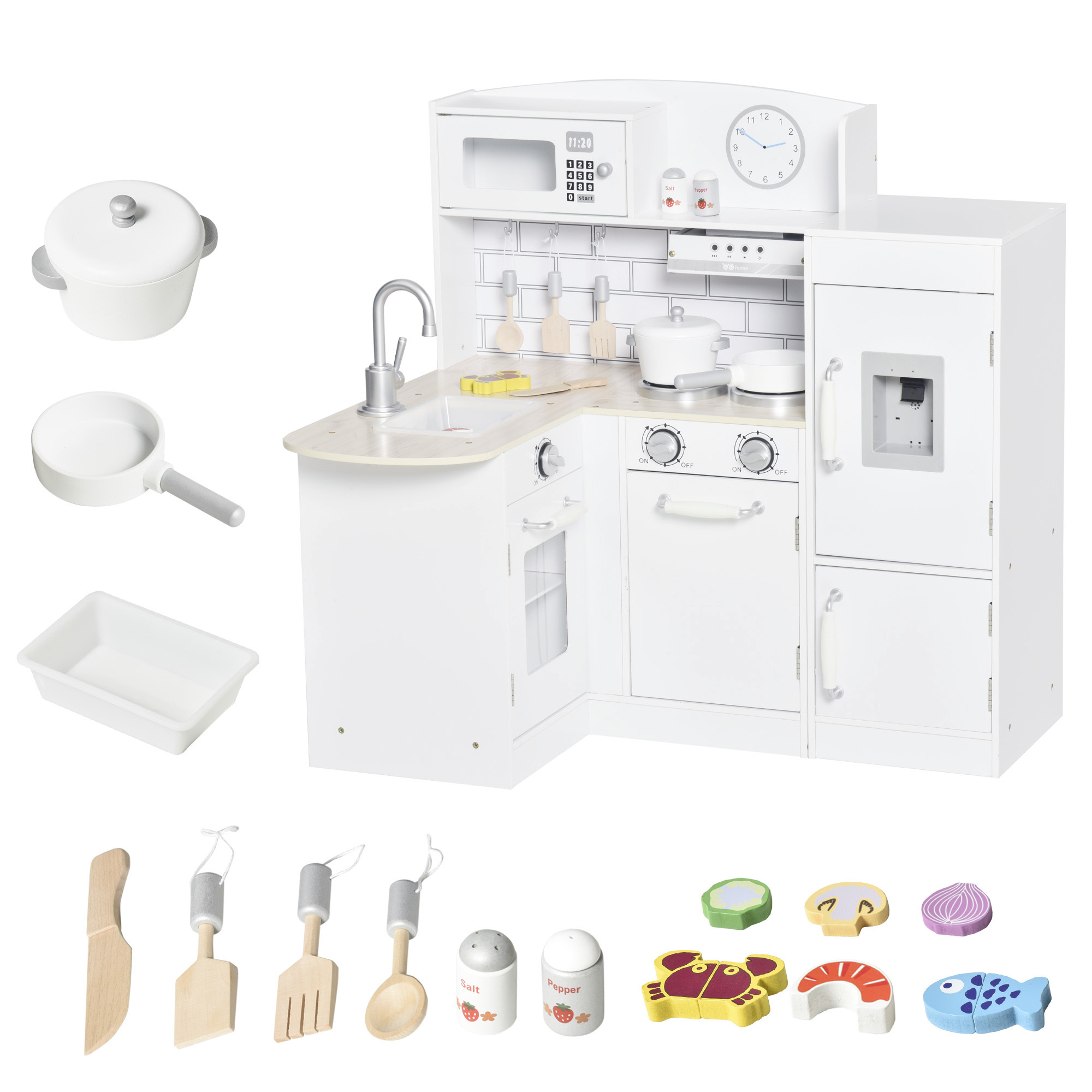 HOMCOM Kinderküche Spielküche mit elektronischem Wasserspender, Mikrowelle und Kühlschrank, Puppenküche mit Backofen, Kochgeschirrset, Küchenzubehör für Kinder ab 3 Jahren, Weiß   Aosom