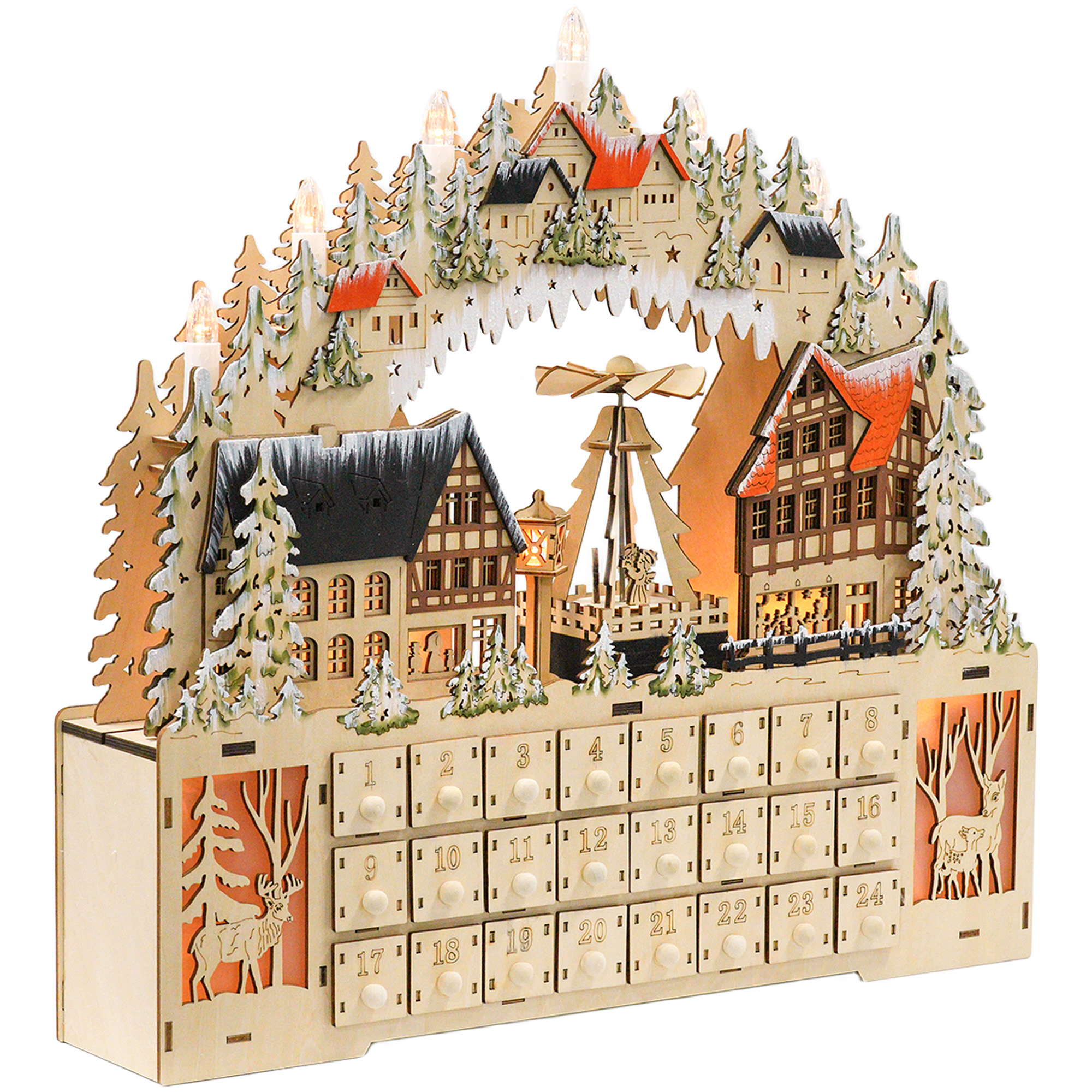 HOMCOM Adventskalender zum Befüllen 24 Schubladen Fächer Weihnachtskalender mit LED-Lichtern Adventskalenderbox Weihnachtsdekoration DIY MDF Naturholz 45 x 9 x 42,5 cm Aosom