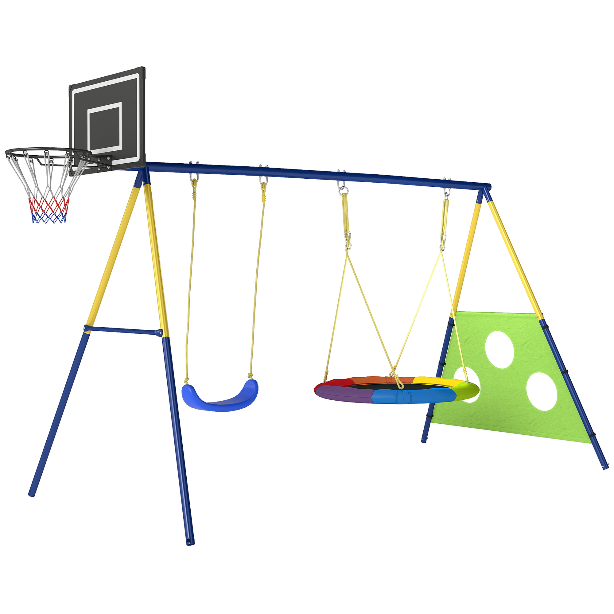 AIYAPLAY Schaukelgestell 4-in-1 Schaukel-Set bis 150 kg mit Nestschaukel Basketballkorb Fußballtor U-Schaukel Outdoor Schaukelgerüst mit Stahlgestell, verstellbarem Seil, für Kinder 288 x 160 x 220 cm Aosom