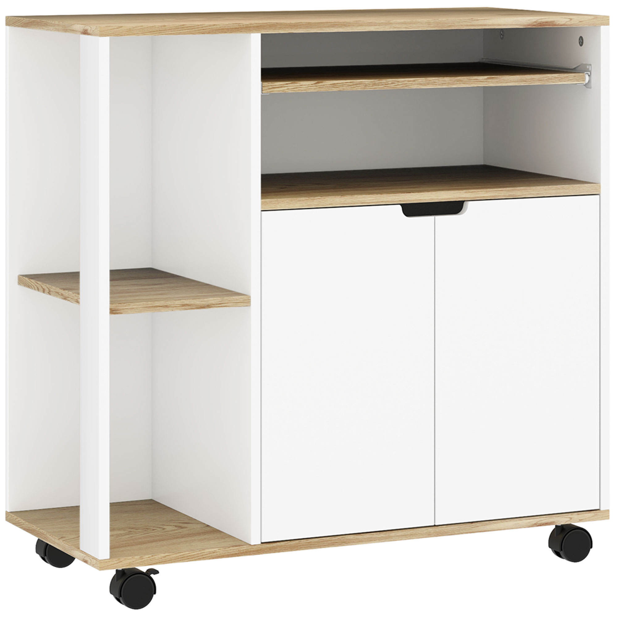 HOMCOM Küchenwagen Servierwagen mit Schrank, verschiebbaren und verstellbaren Einlegeböden, Rollwagen mit Arbeitsplatte, Rollen für Esszimmer, 80 x 40 x 82 cm, Weiß Aosom