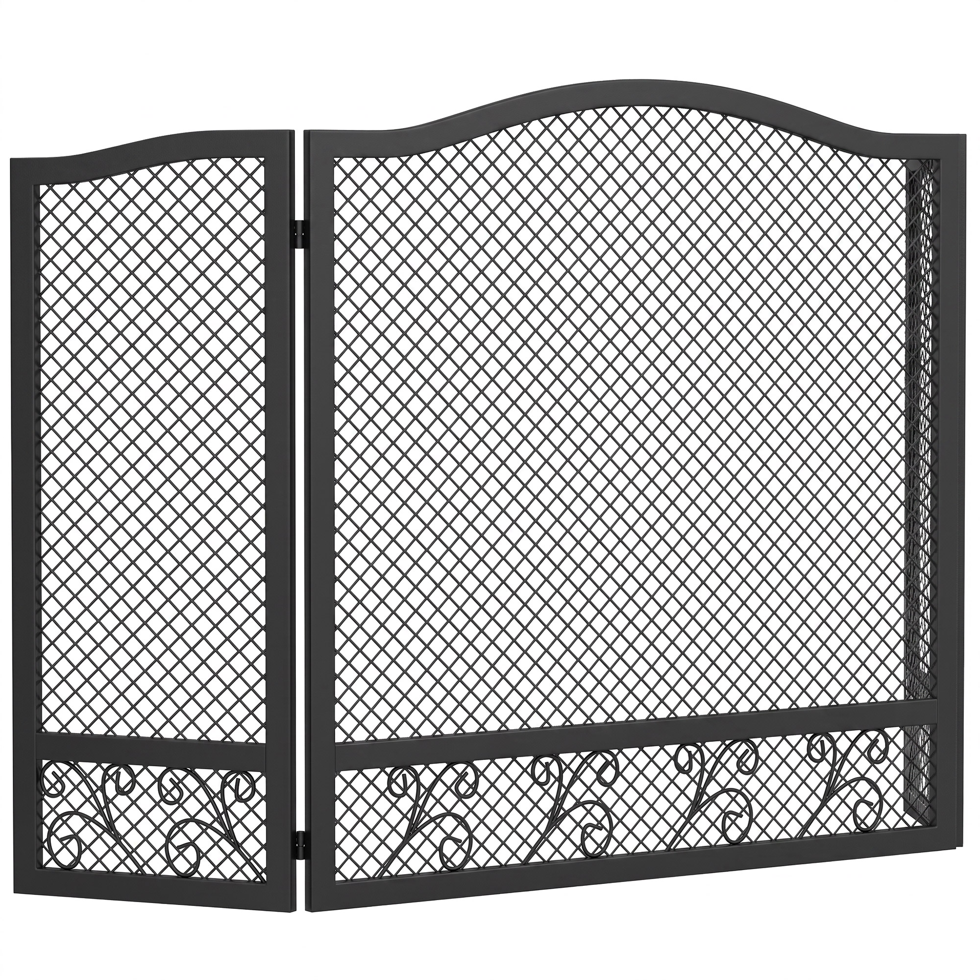 HOMCOM Kamin-Funkenschutz, 3-teiliger klappbarer Funkenschutz, florales Design, Metall, 107 x 60 cm, Schwarz Aosom