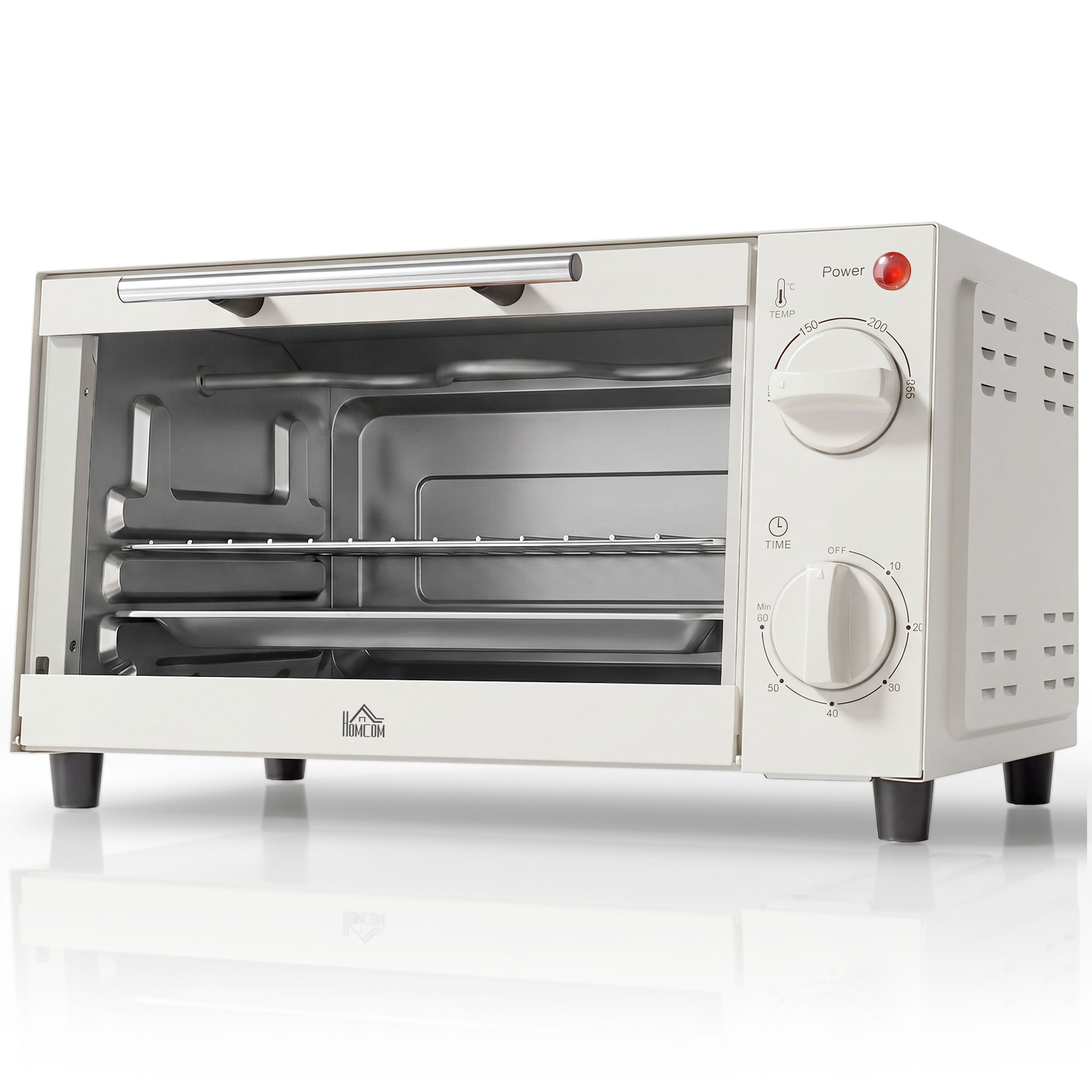 HOMCOM Minibackofen 9L Mini Ofen mit Backblech, Grillrost, 100 °C-230 °C, mit einstellbar Temperatur und Garzeit, 60 Min. Timer, 750W, Edelstahl, Cremeweiß Aosom