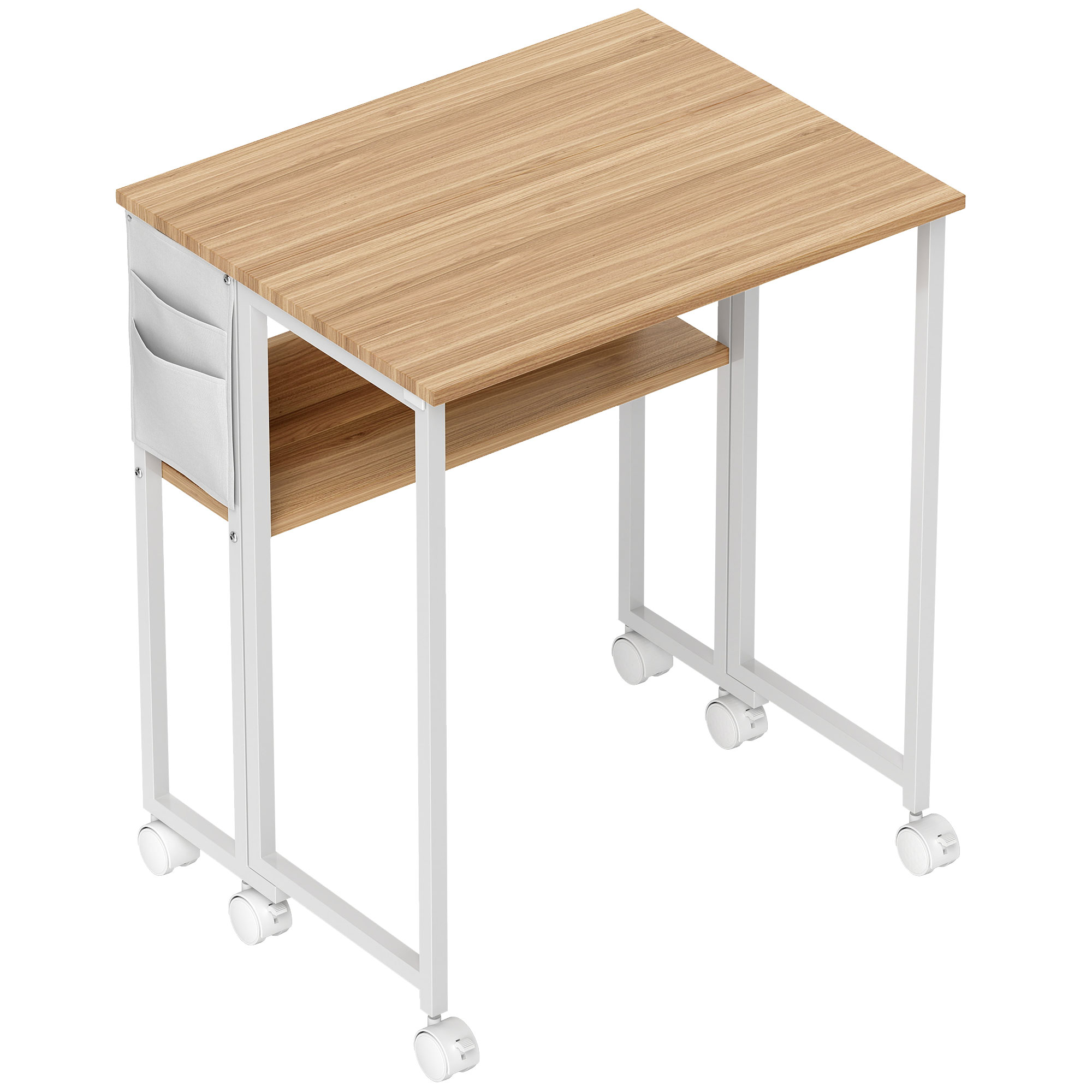 HOMCOM Schreibtisch Klappbar Kleiner 63 cm Klappschreibtisch mit Rollen Platzsparend Computertisch mit Regal, Aufbewahrungstasche, für Home Office, Natur Aosom
