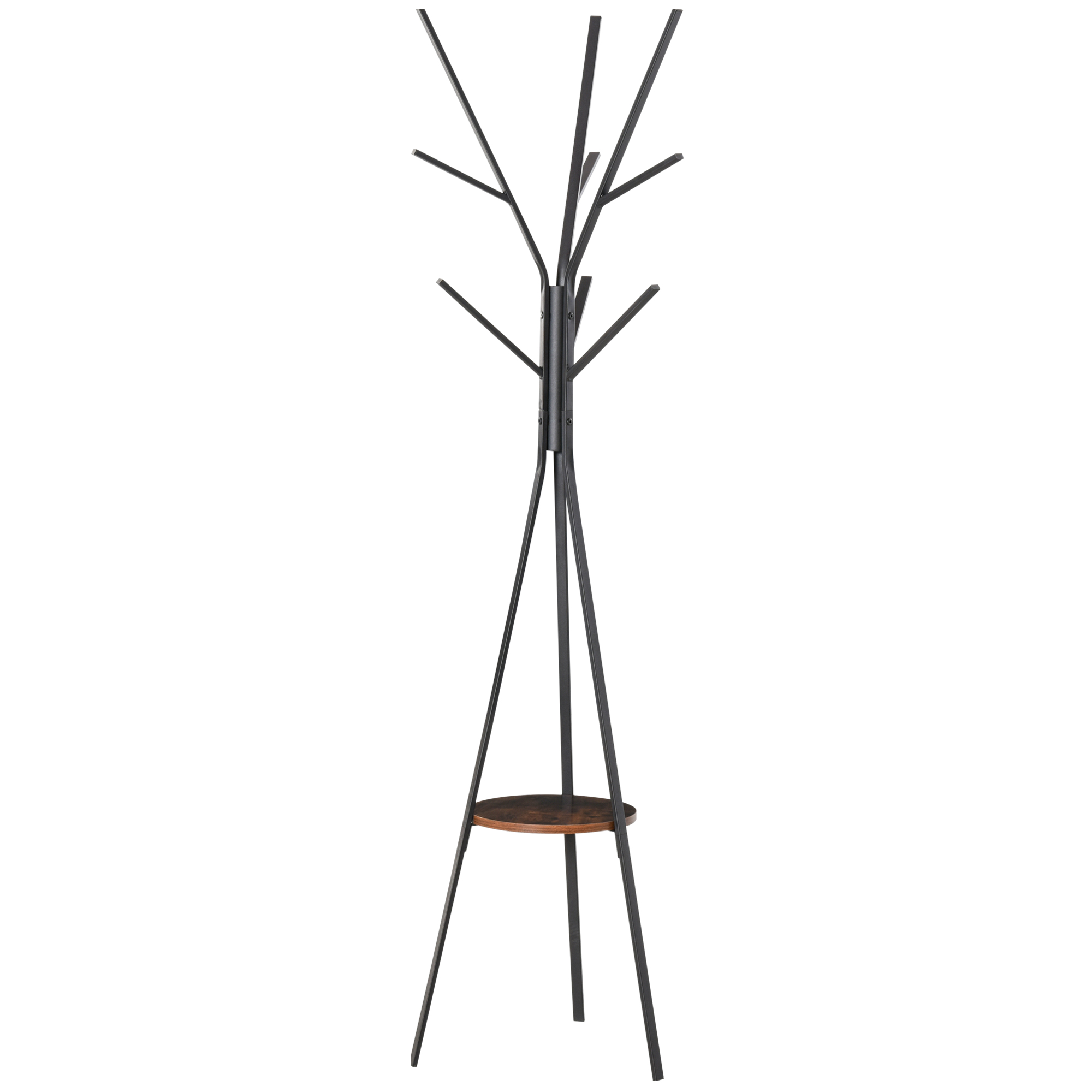 HOMCOM Garderobenständer Kleiderständer mit 8 Haken & Ablage, Standgarderobe für Kleidung, Hüte, Taschen, Metall, Braun, 45x45x180cm Aosom