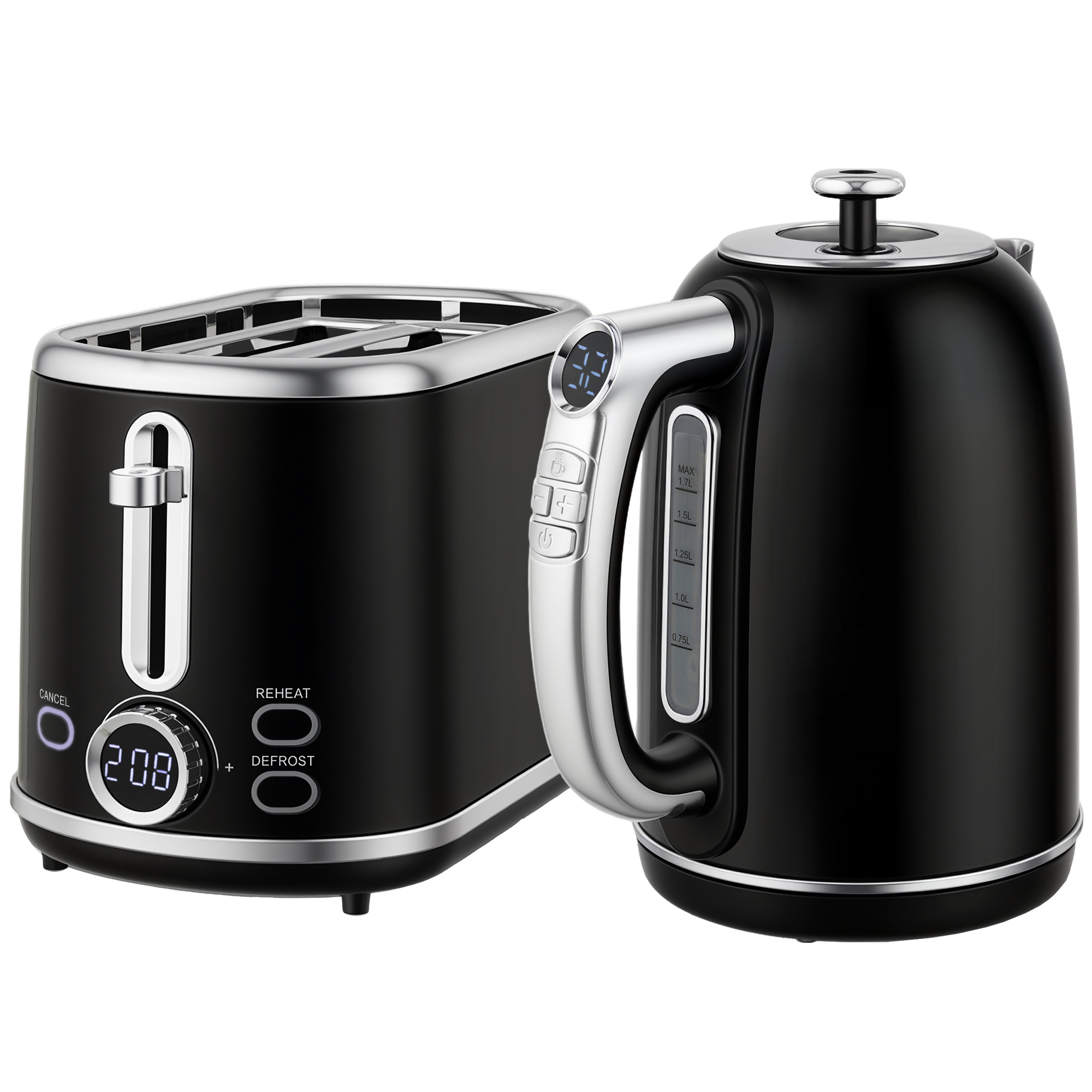 HOMCOM Wasserkocher Toaster Set 1,7L Edelstahl Wasserkocher 2 Scheiben Toaster mit 6 Bräunungsstufen, 2200W Frühstücksset mit Auftauen, Aufwärmen, Memory-Funktion, LED Display, Warmhaltefunktion   Aosom
