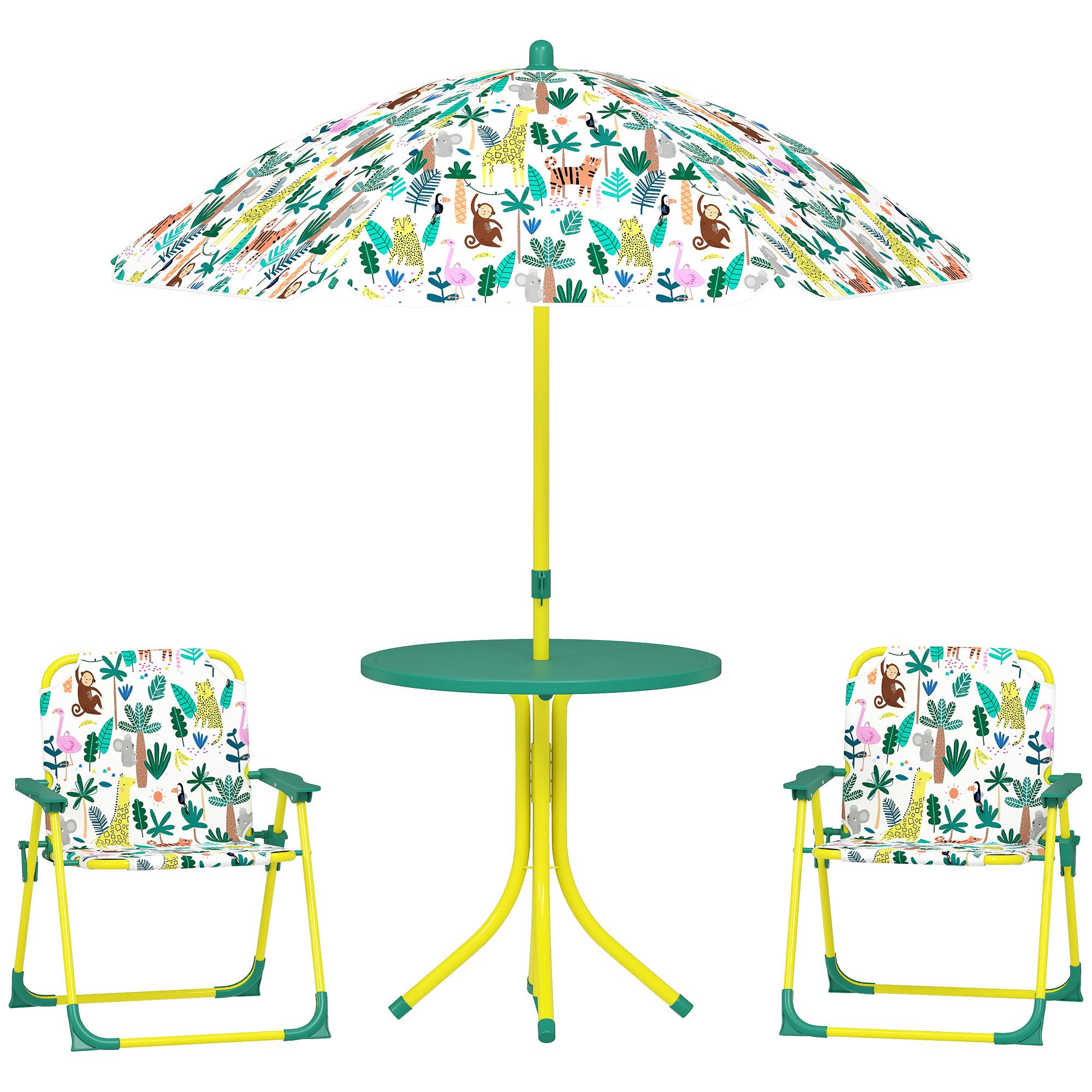AIYAPLAY Kindersitzgruppe mit Sonnenschirm Höhenverstellbar Kindersitzgarnitur Kindertisch mit 2 Klappstühlen Sitzgarnitur Kinder Sitzgruppe Outdoor Gartenmöbel für Garten Strand, Grün Aosom