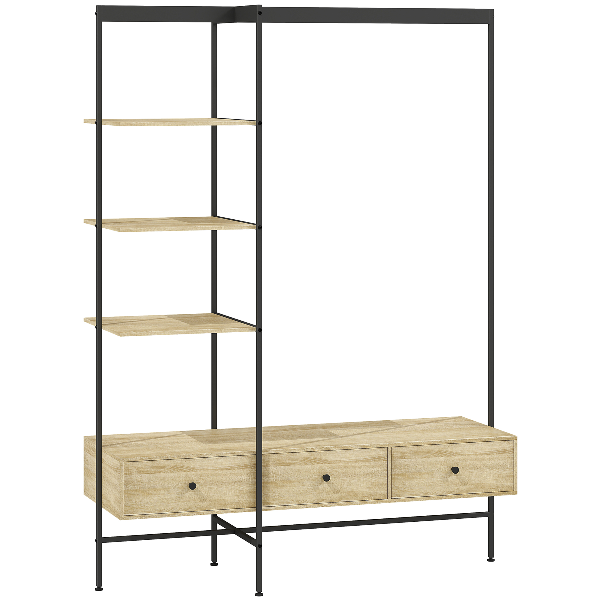 HOMCOM Garderobenständer mit Regalen, Schubladen und Kleiderstange, 180 cm freistehender Kleiderständer im modernen Stil, Metallrahmen, Kippschutz, Eiche Aosom