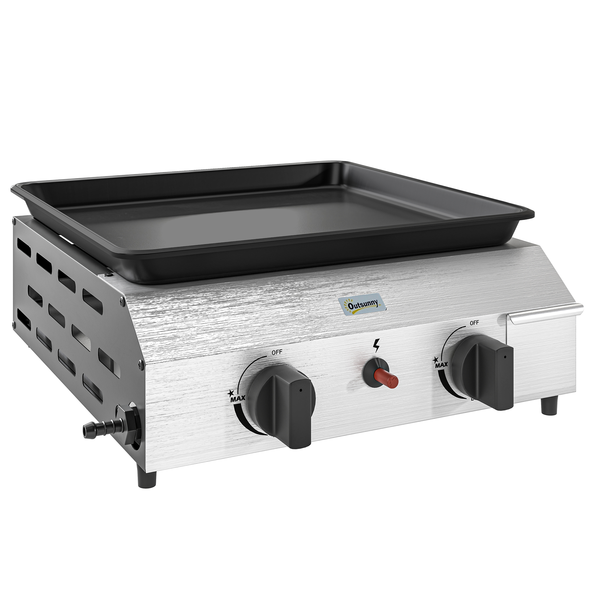 Outsunny Gasgrill 8000BTU/2,4 KW Grillwagen inkl 2 Edelstahl-Brenner Druckminderer Gasschlauch verstellbare Beine Kochplatte, BBQ Gartengrill für Balkon, Camping-Grill 44 x 44,5 x 19 cm Aosom