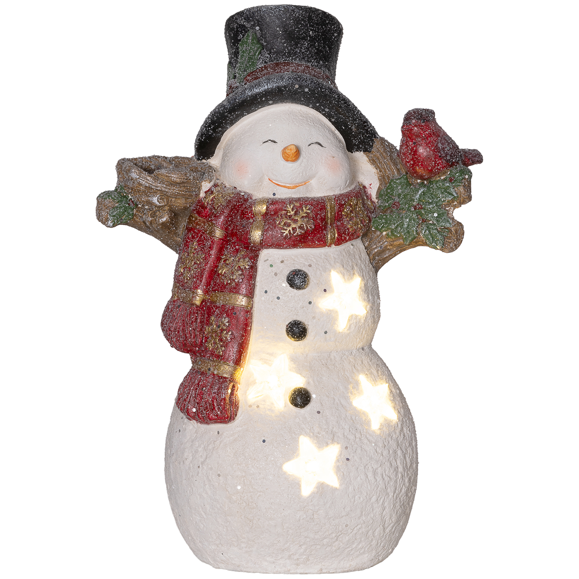 HOMCOM Weihnachtsdeko Figur, Schneemann mit Schals, Hüte und Vögel, 38 cm Weihnachtsfigur mit LED-Licht, Dekofigur zu Weihnachten, für In- und Outdoor Aosom