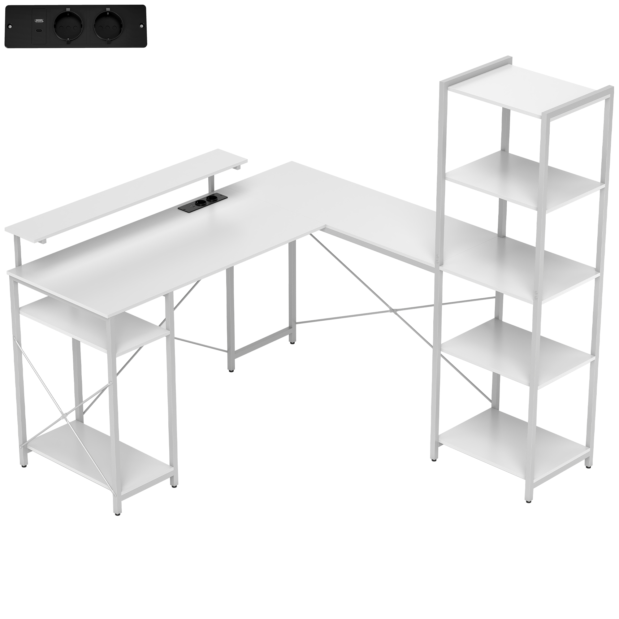 HOMCOM Schreibtisch Gaming Tisch L Form mit Regal, Computertisch mit Monitorständer, Steckdose, USB-Ladeanschluss Eckschreibtisch für Heimbüro, Schlafzimmer, 137 x 140 x 139,5 cm Weiß Aosom