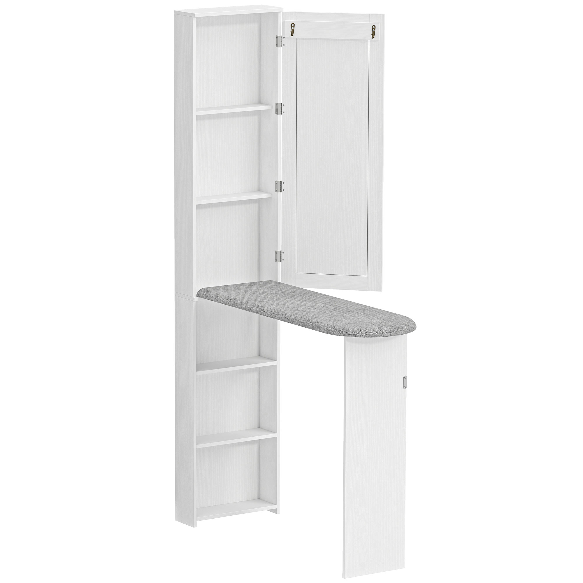 HOMCOM Faltbarer Bügelbrettschrank mit Tür, internen Regalen, Spiegel Platzsparender Bügeltisch für die Wäschepflege mit Aufbewahrung, für Waschküche oder kleine Räume, 106 x 35 x 174 cm, Weiß Aosom
