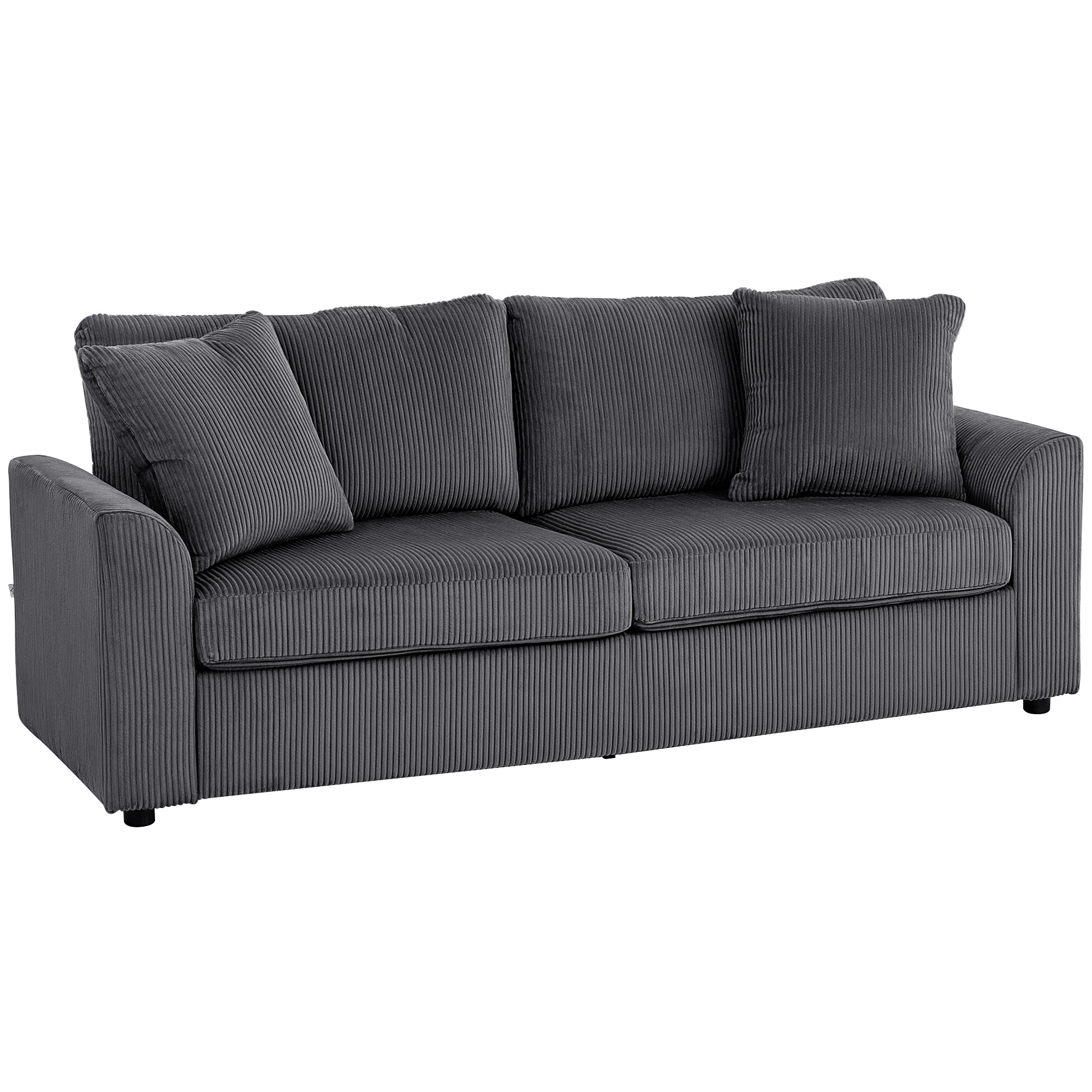 HOMCOM 3-Sitzer-Sofa, Couch mit Armlehnen, Zierkissen, Polstersofa mit Cordbezug, dick gepolstert, Loungesofa, bis 450 kg belastbar, für Wohnzimmer, Schlafzimmer, 212 x 80 x 88 cm, Dunkelgrau Aosom