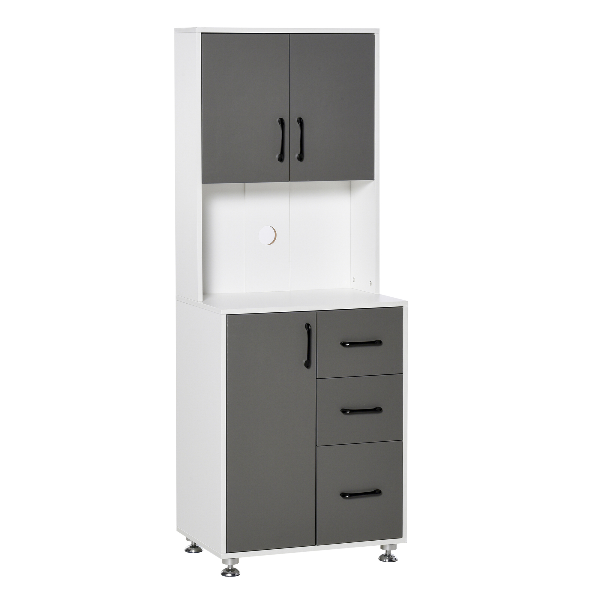 HOMCOM Küchenschrank Hochschrank mit 2 Türen und 3 Schubladen, Mikrowellenregal Küchenbuffet, Aufbewahrungsschrank aus Spanplatte und Stahl, Grau und Weiß 60x40x160 cm Aosom.de