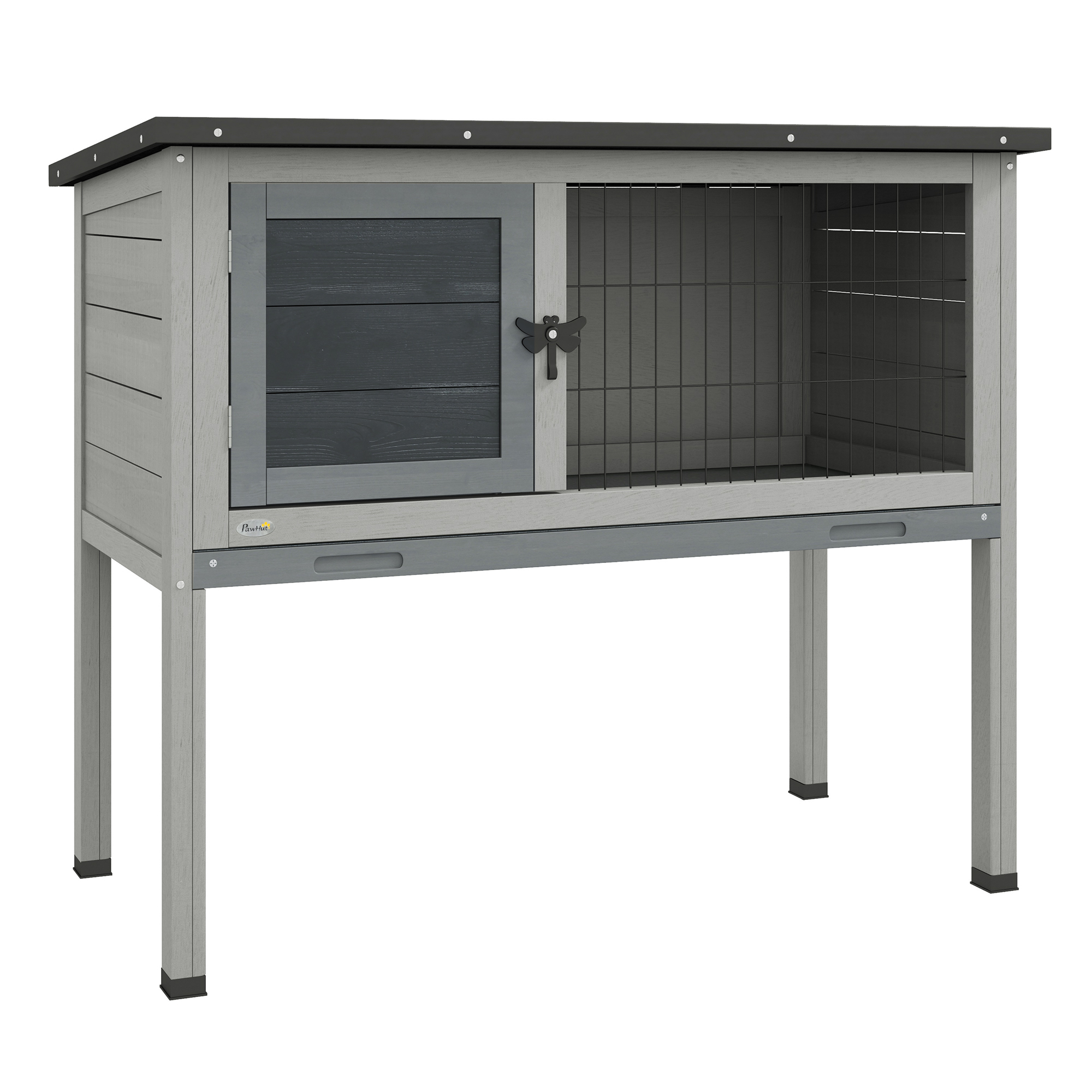 PawHut Hasenstall Kaninchenstall aus Tannenholz Winterfest Hasenkäfig mit aufklappbar Dach 84x43x70 cm Kaninchenkäfig Outdoor Kleintierstall für Hasen Kaninchen Meerschweinchen Grau Aosom