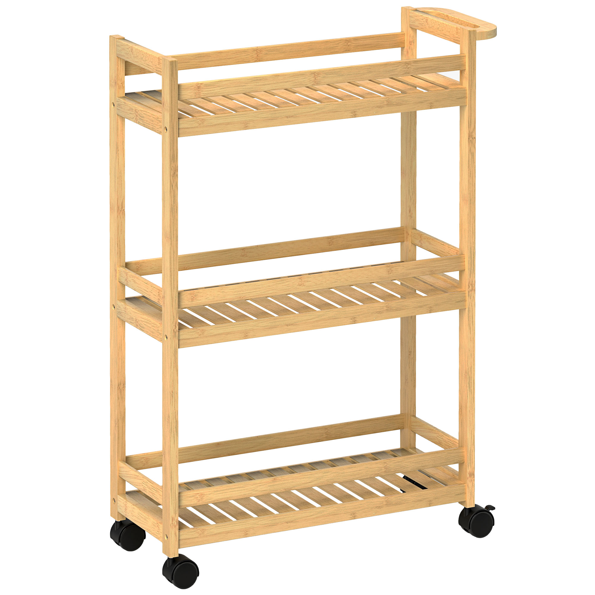 HOMCOM 3-stöckiger Servierwagen aus Bambus, Küchenwagen mit Rolle, Allzweckwagen mit Griff, Lagerwagen für Büro, Wohnzimmer, Küche, 55 x 20 x 75 cm, Naturholz Aosom