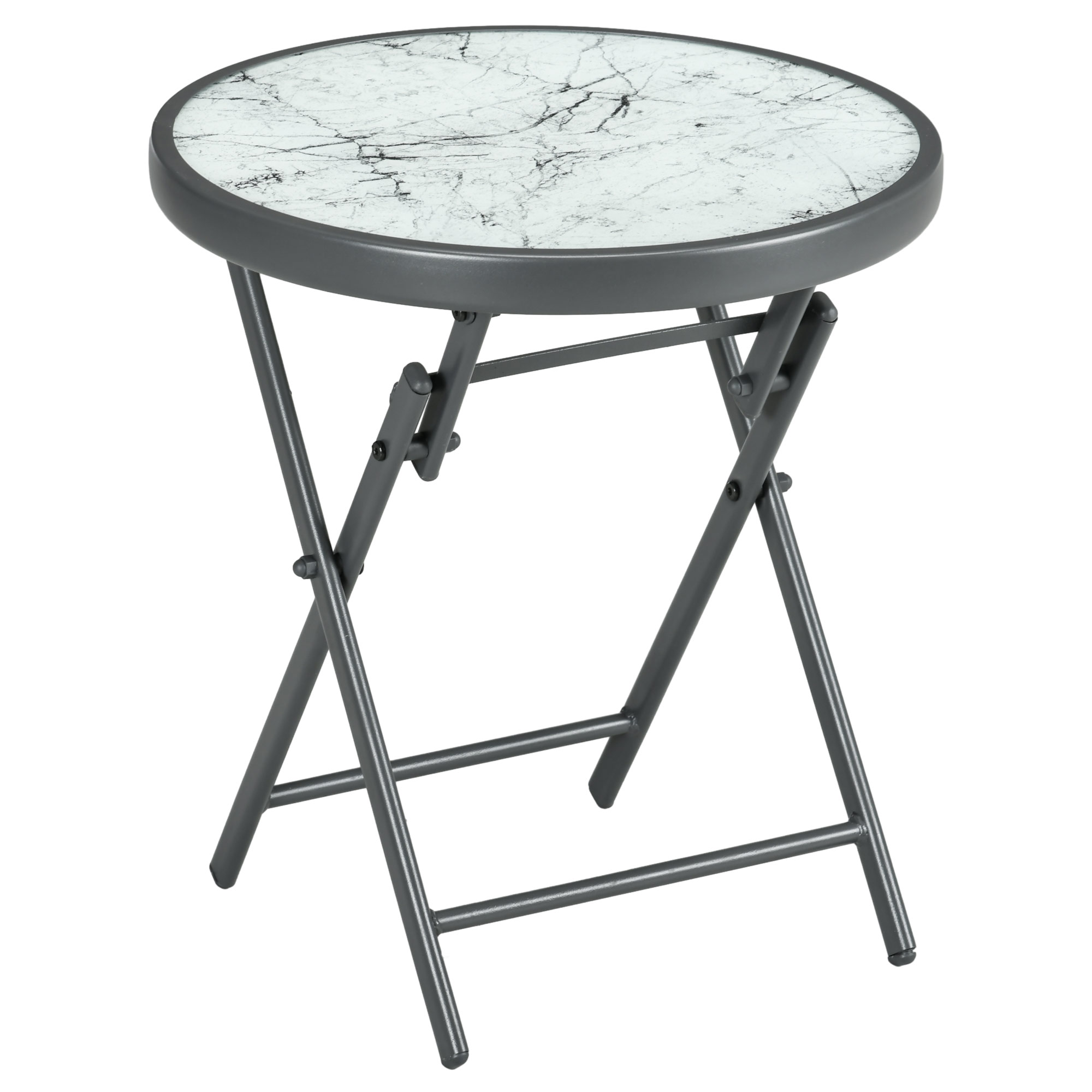 Outsunny Beistelltisch klappbar, Klapptisch aus Glas mit Marmoroptik, kleiner Campingtisch, runder Sofatisch Balkontisch für Balkon Terrasse Wohnzimmer Büro, 45 x 45 x 50 cm, Weiß Aosom