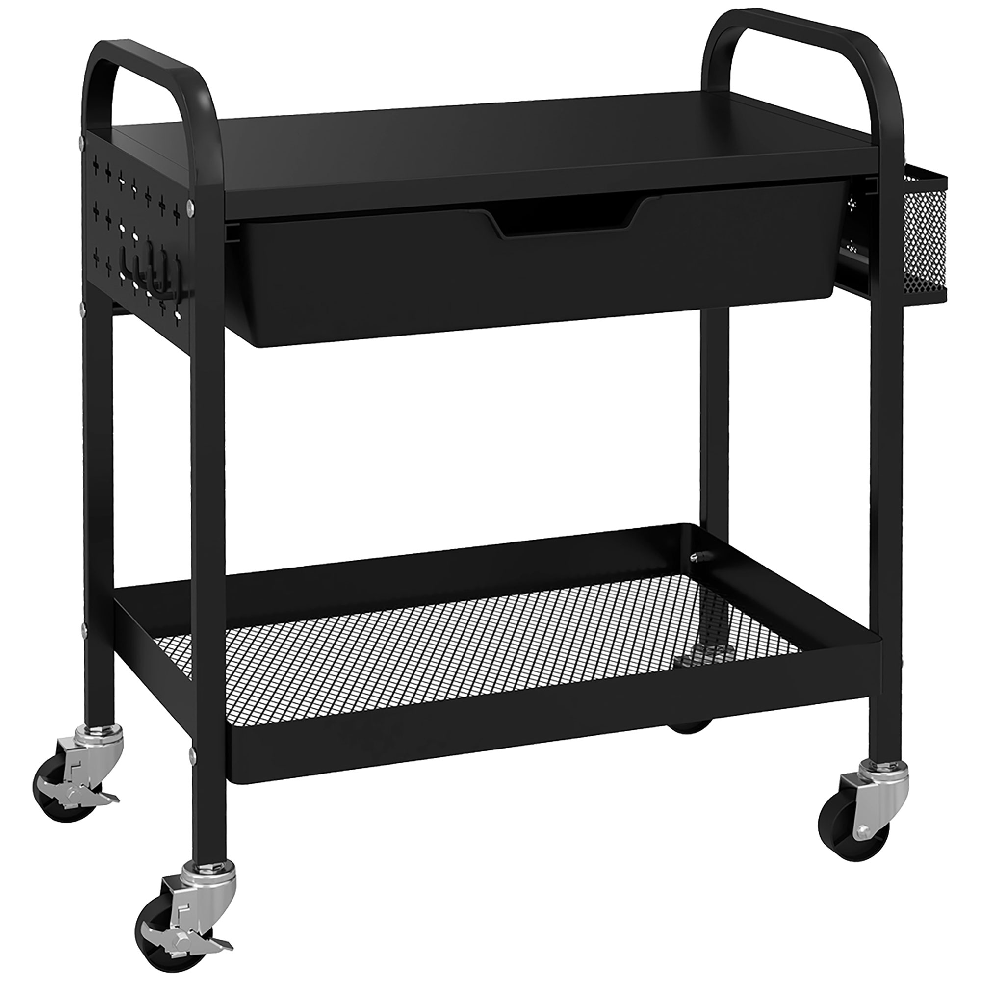 HOMCOM Rollwagen, Servierwagen mit 1 Schublade, 1 Ablage, Küchenwagen Aufbewahrungswagen mit Haken, Beistellwagen für Küche, Wohnzimmer, Stahl, Schwarz Aosom