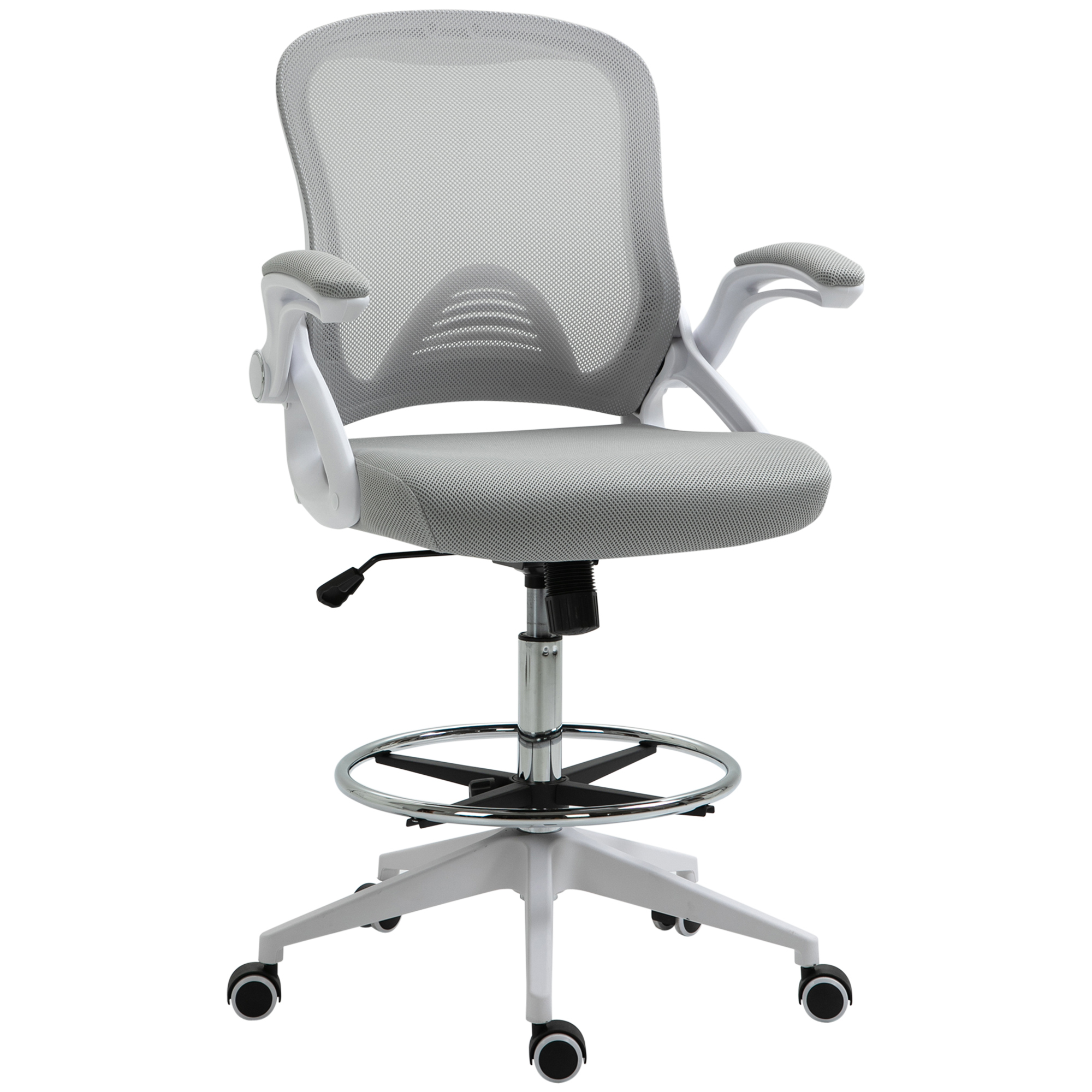 Vinsetto Bürostuhl Ergonomischer Schreibtischstuhl mit Hochklappbaren Armlehnen und Verstellbarer Fußring, Höhenverstellbarer Drehstuhl mit Wippfunktion, Netzbespannung Hellgrau Aosom