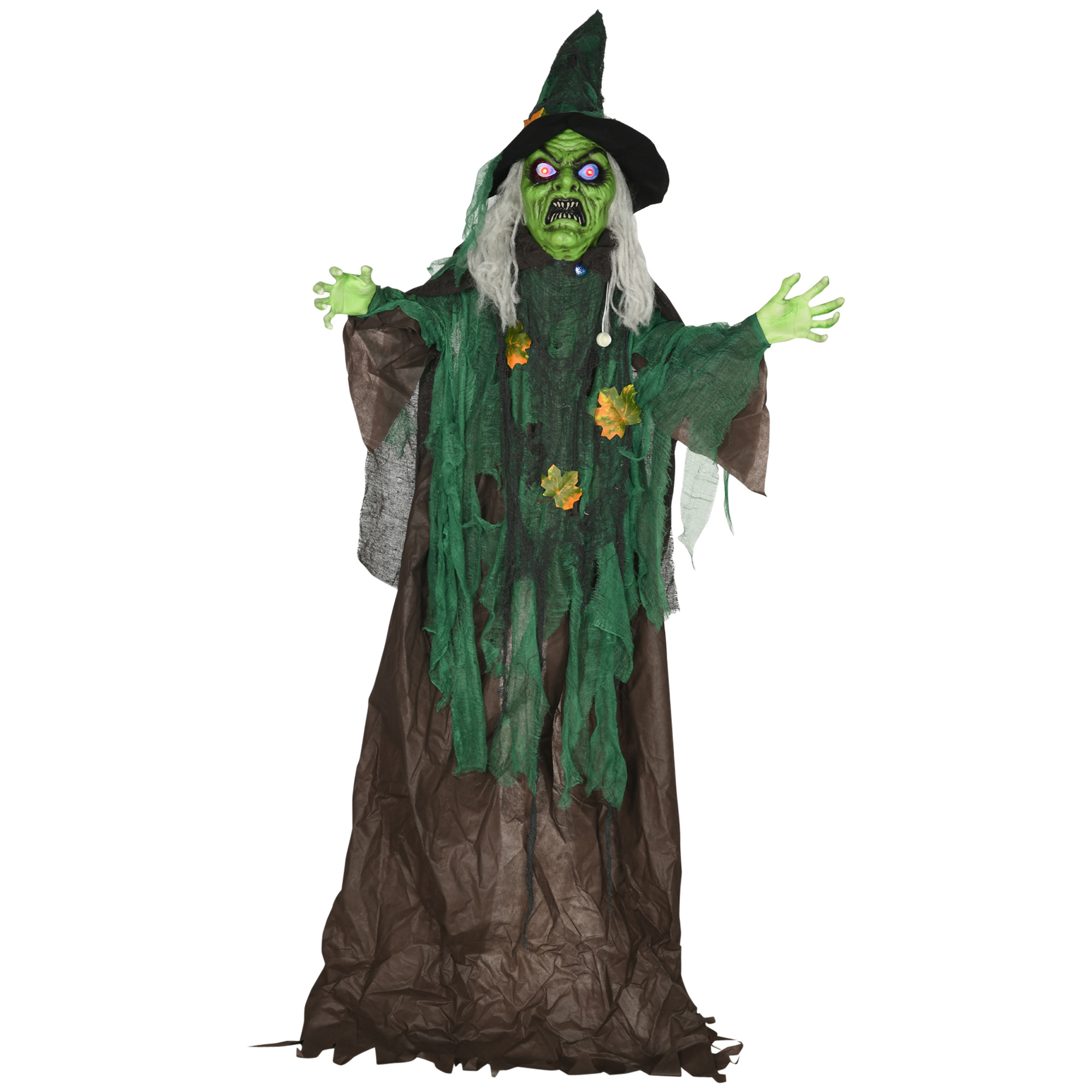 HOMCOM Halloween-Hexe 183cm Halloween Dekoration mit LED-Leuchte, Soundfunktion, Garten Deko, Dekofigur mit Verstellbaren Arme, Beweglichen Kopf, für Indoor, Outdoor Aosom