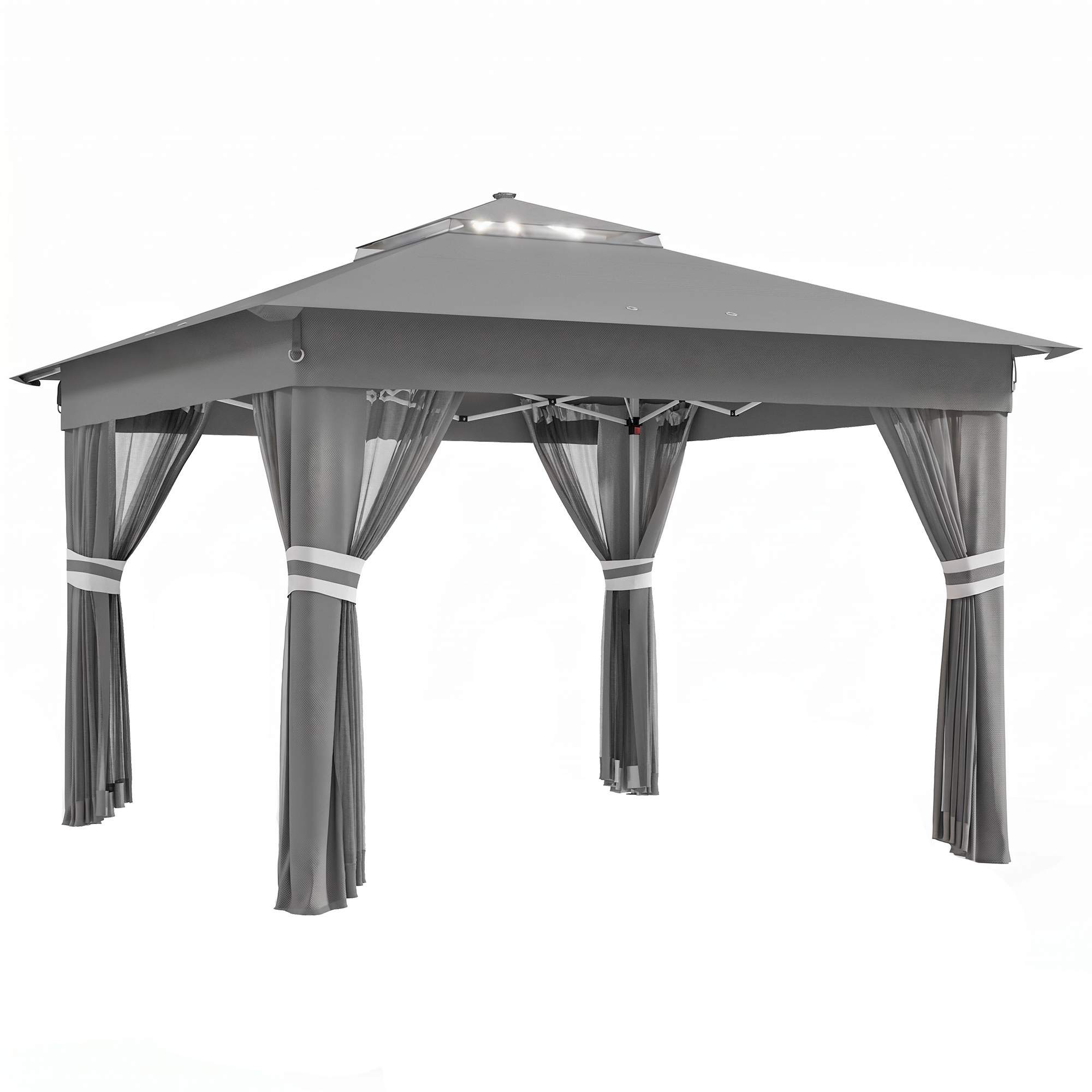 Outsunny Faltpavillon ca. 3 x 3 m, Pavillon mit LED, 4 Netzvorhängen, Seitenwand, Gartenpavillon mit Wassersack, Doppeldach, Tragetasche, Dunkelgrau Aosom
