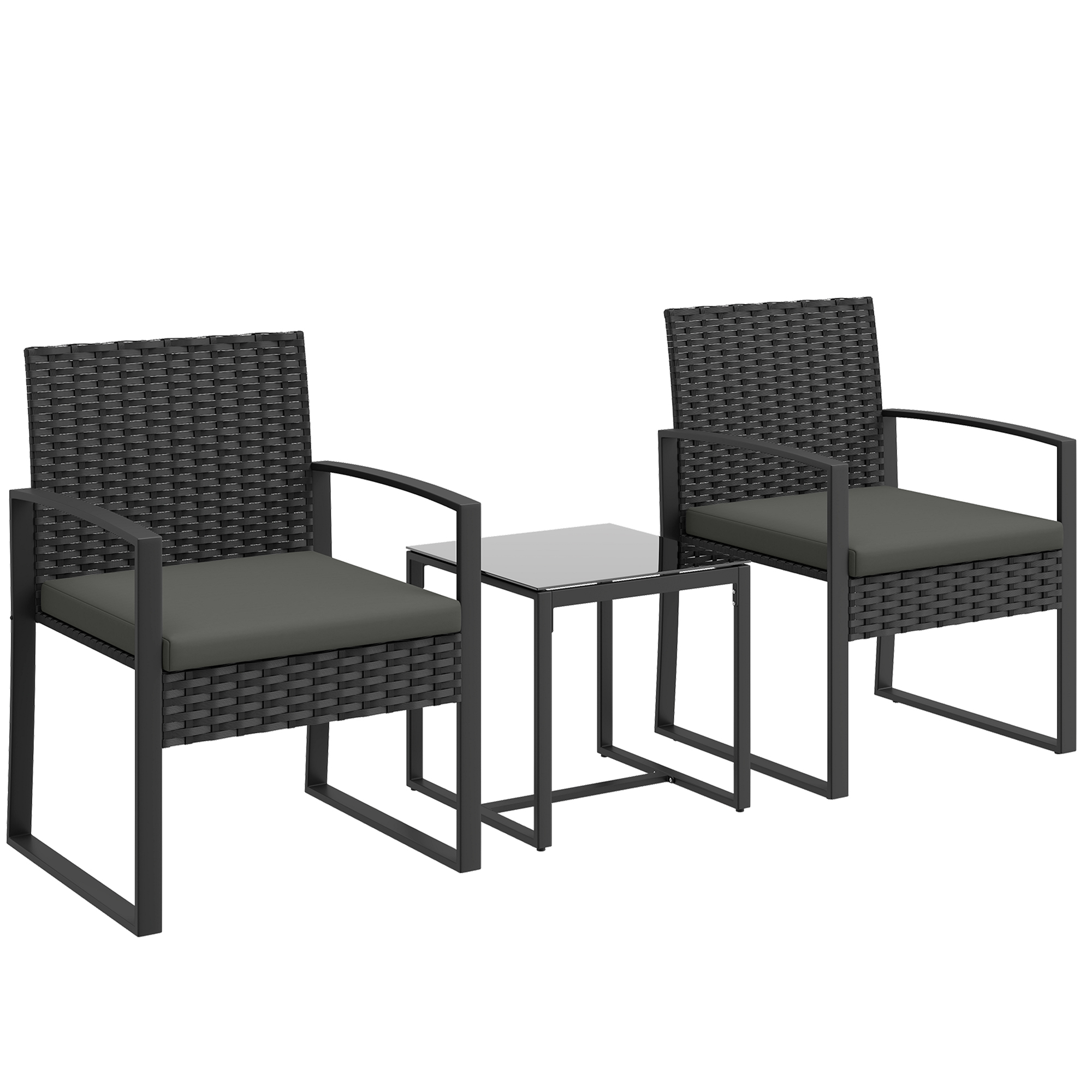 Outsunny Rattan Bistroset, 3 teiliges Gartenmöbel-Set mit 2 Gartenstühlen, Couchtisch, abnehmbar Kissen, Balkonmöbel-Set Sitzgruppe Gartengarnitur für Garten, Terrasse, Dunkelgrau Aosom