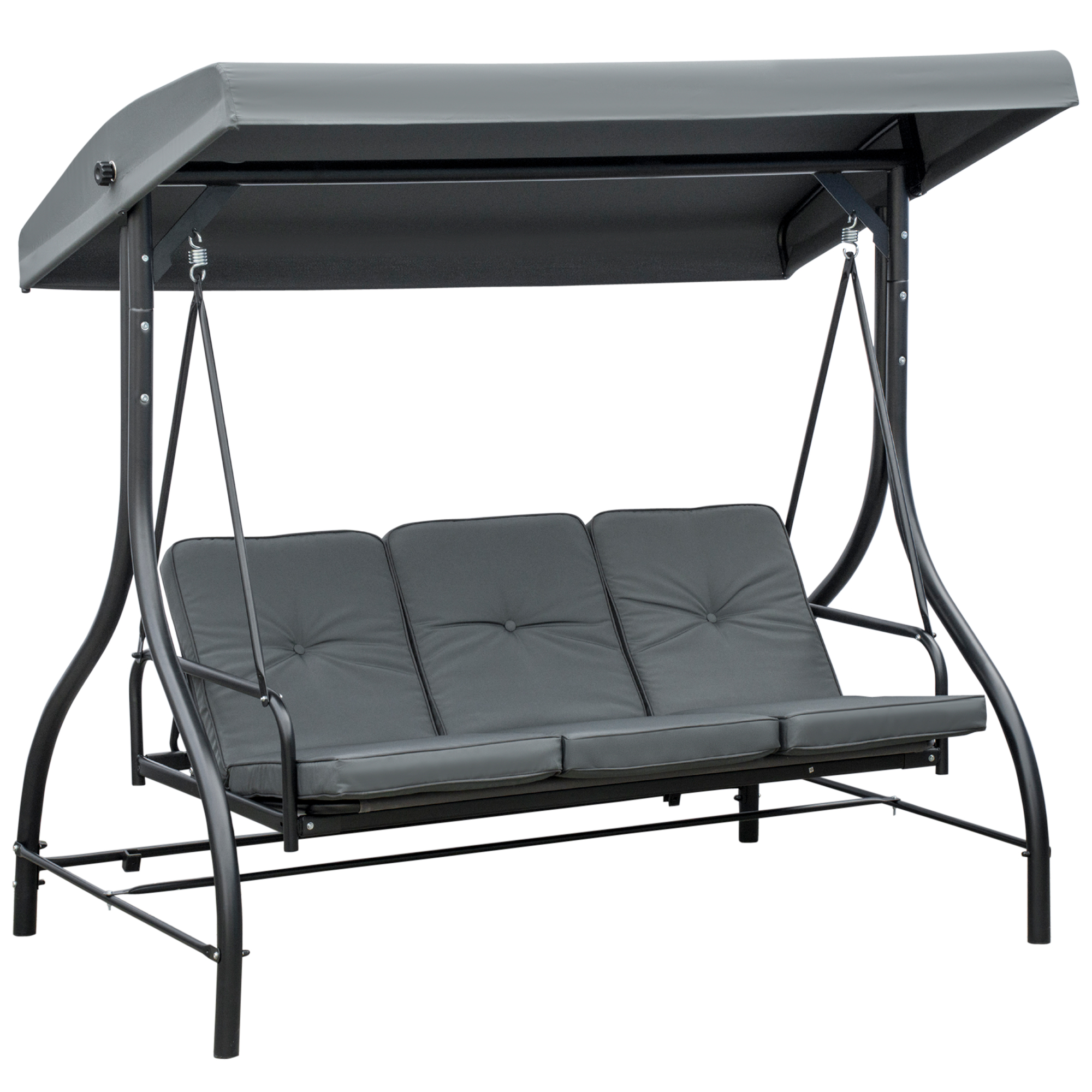 Outsunny 2 in 1 Hollywoodschaukel mit Liegefunktion 3-Sitzer Gartenschaukel mit verstellbarem Sonnendach, Schaukelbank belast bis 240kg, Gartenliege für Garten, Terrasse, 195x117x175 cm, Dunkelgrau Aosom