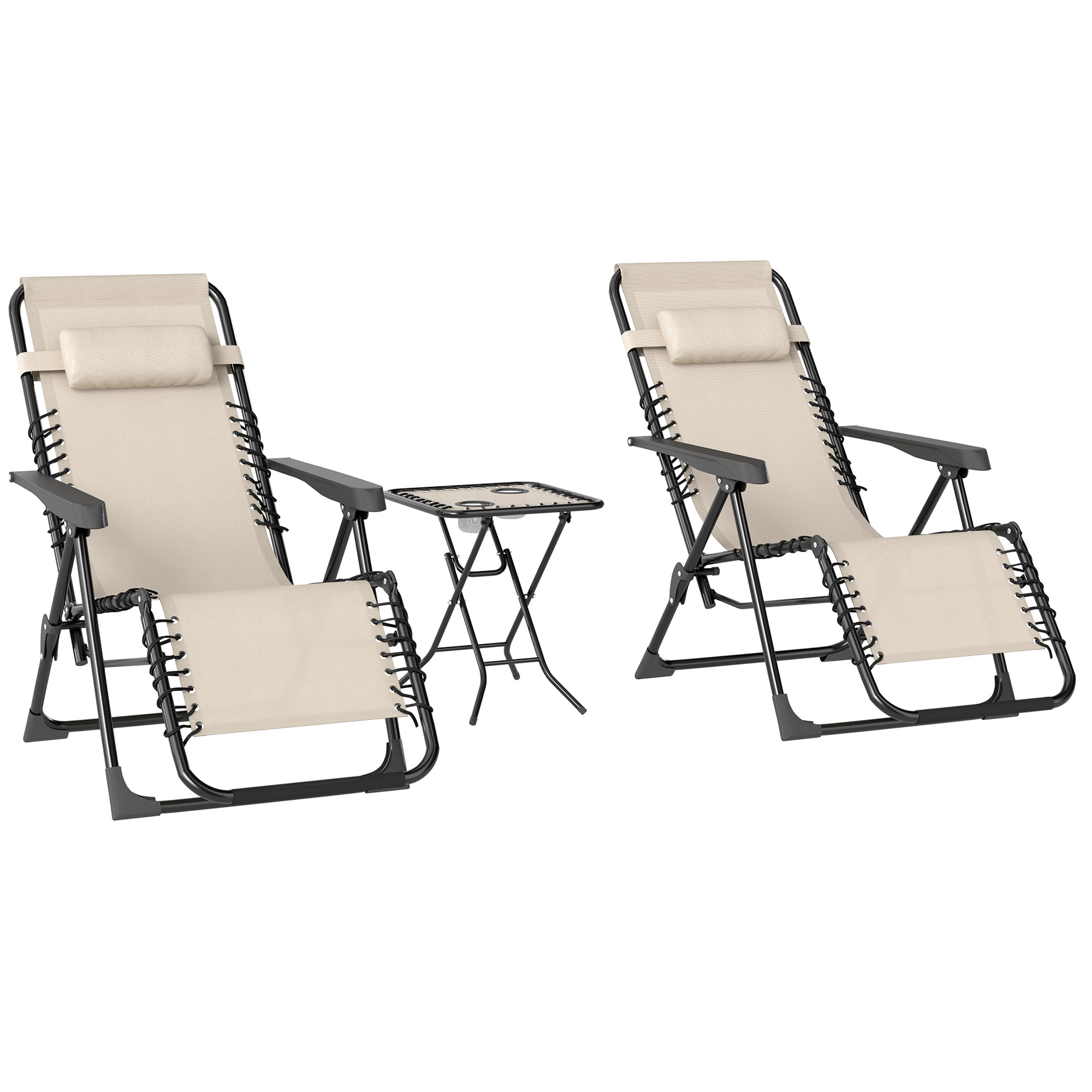 Outsunny Gartenliege Set 3-TLG. Klappbar Sonnenliege mit Teetisch 2 Stühle Kopfkissen, Outdoor Liege wetterfest Relaxliege Liegestuhl aus Metall Strandliege für Garten, Terrasse 90x56x110 cm Beige Aosom