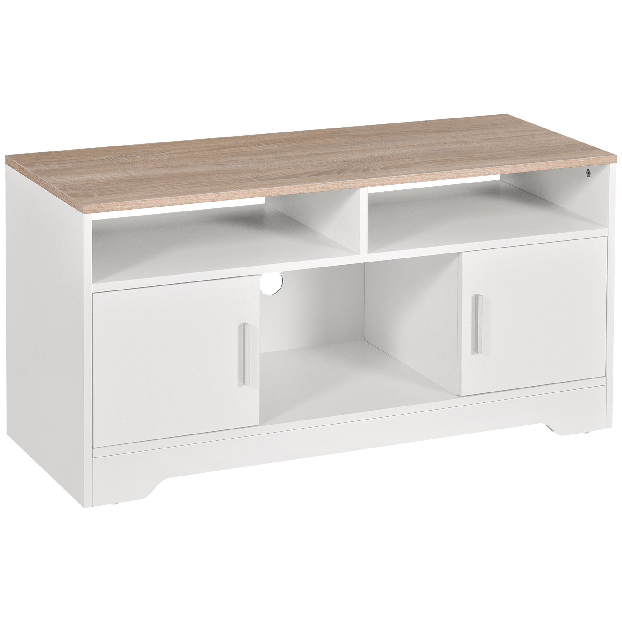 HOMCOM TV-Lowboard Fernsehschrank TV-Bank für bis zu 50 Zoll mit 2 Schränken 3 offenen Fächern und Kabelführungsöffnung in Weiß Naturholz 105 x 40 x 52 cm Aosom.de