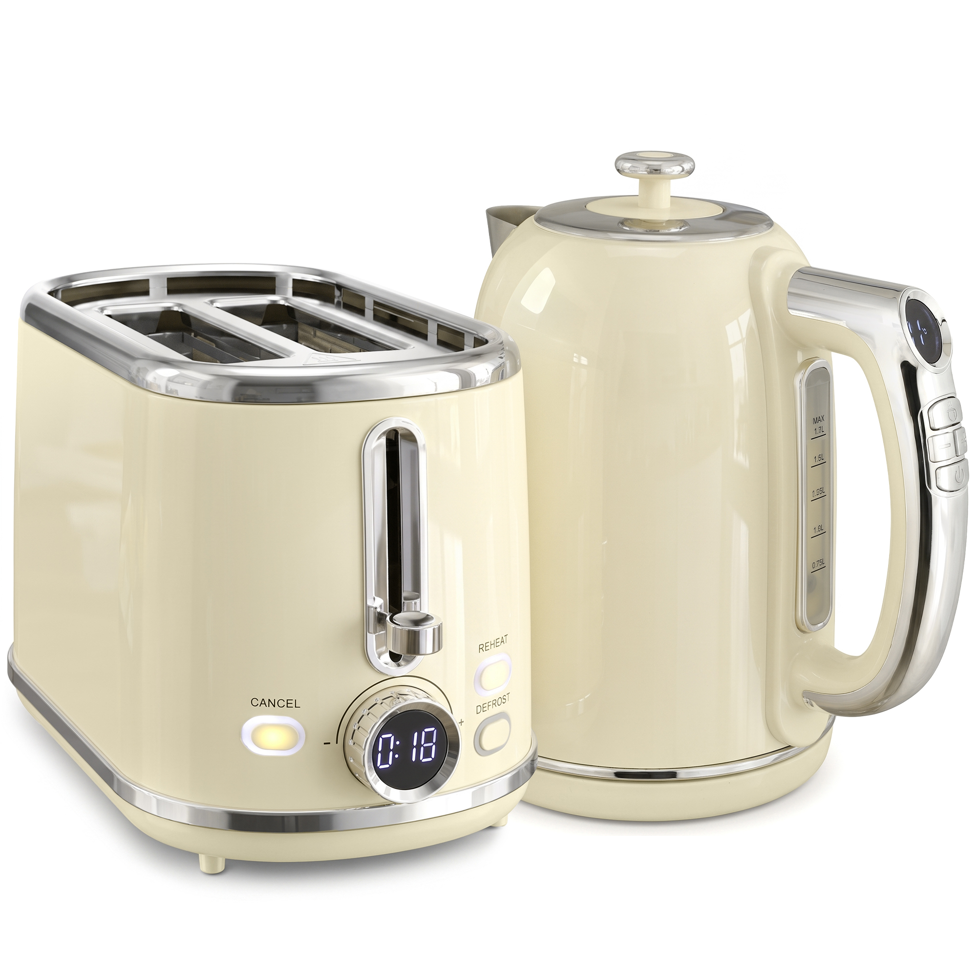 HOMCOM Wasserkocher- und Toaster-Set mit LED-Display, 1,7 L Wasserkocher mit 3 Std. Warmhaltefunktion und 7 Temperaturstufen, 2-Scheiben-Toaster mit 6 Bräunungsstufen, Krümelschublade, Creme Aosom