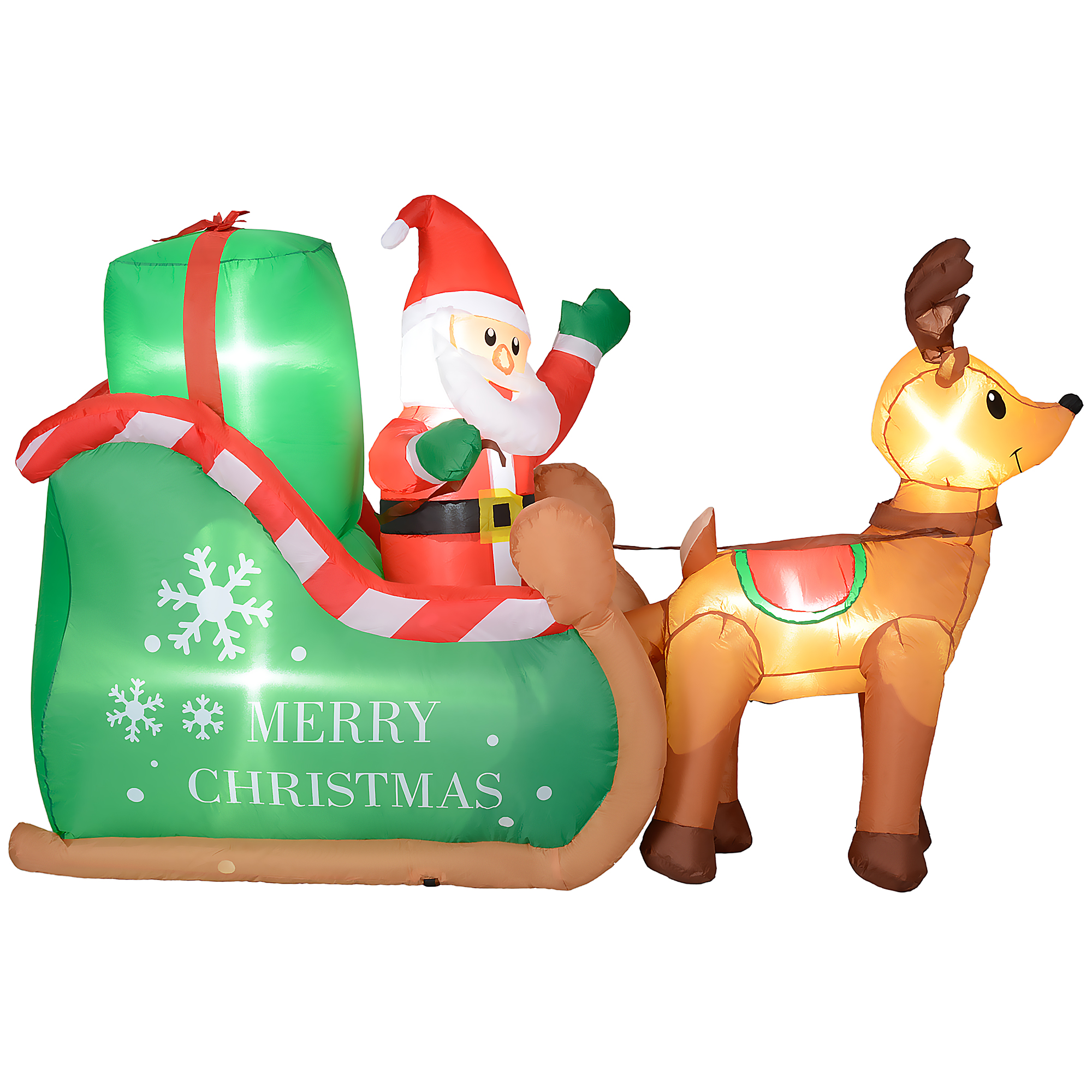 Outsunny Aufblasbar Weihnachtsdeko, 2,1 m Weihnachtsmann mit Schlitten & Rentier, LED-Beleuchtung, Selbstaufblasende Weihnachtsbeleuchtung für Innen- und Außenbereich Aosom
