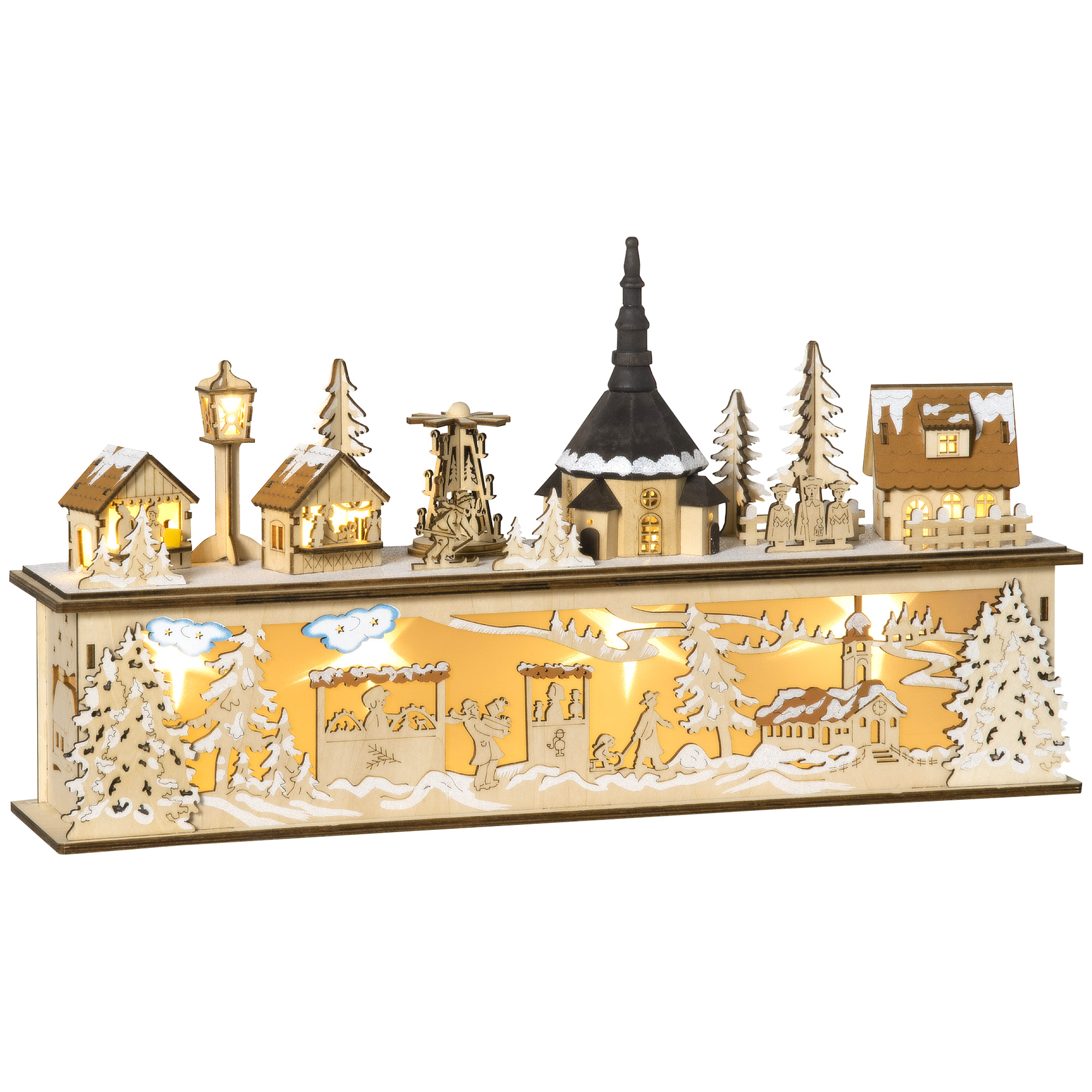 HOMCOM Weihnachtsdeko verschneites Weihnachtsdorf mit 10 LEDs beleuchtet Winterlandschaft Tischdeko Fensterdeko Natur 45 x 10 x 25 cm Aosom.de