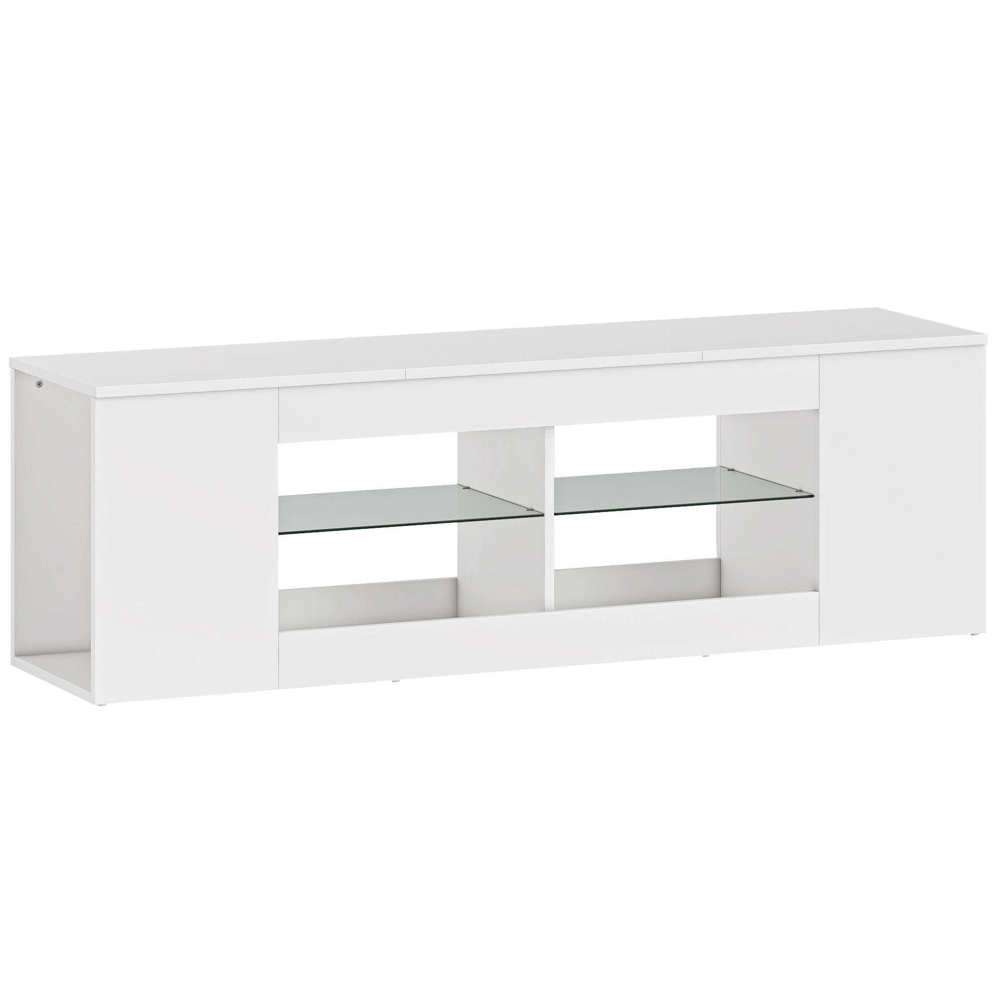 HOMCOM TV Schrank Lowboard 140 cm lang für Fernseher bis zu 65 Zoll, Fernsehtisch mit 6 Fächern, 2 Glasregalen für Wohnzimmer Weiß Aosom