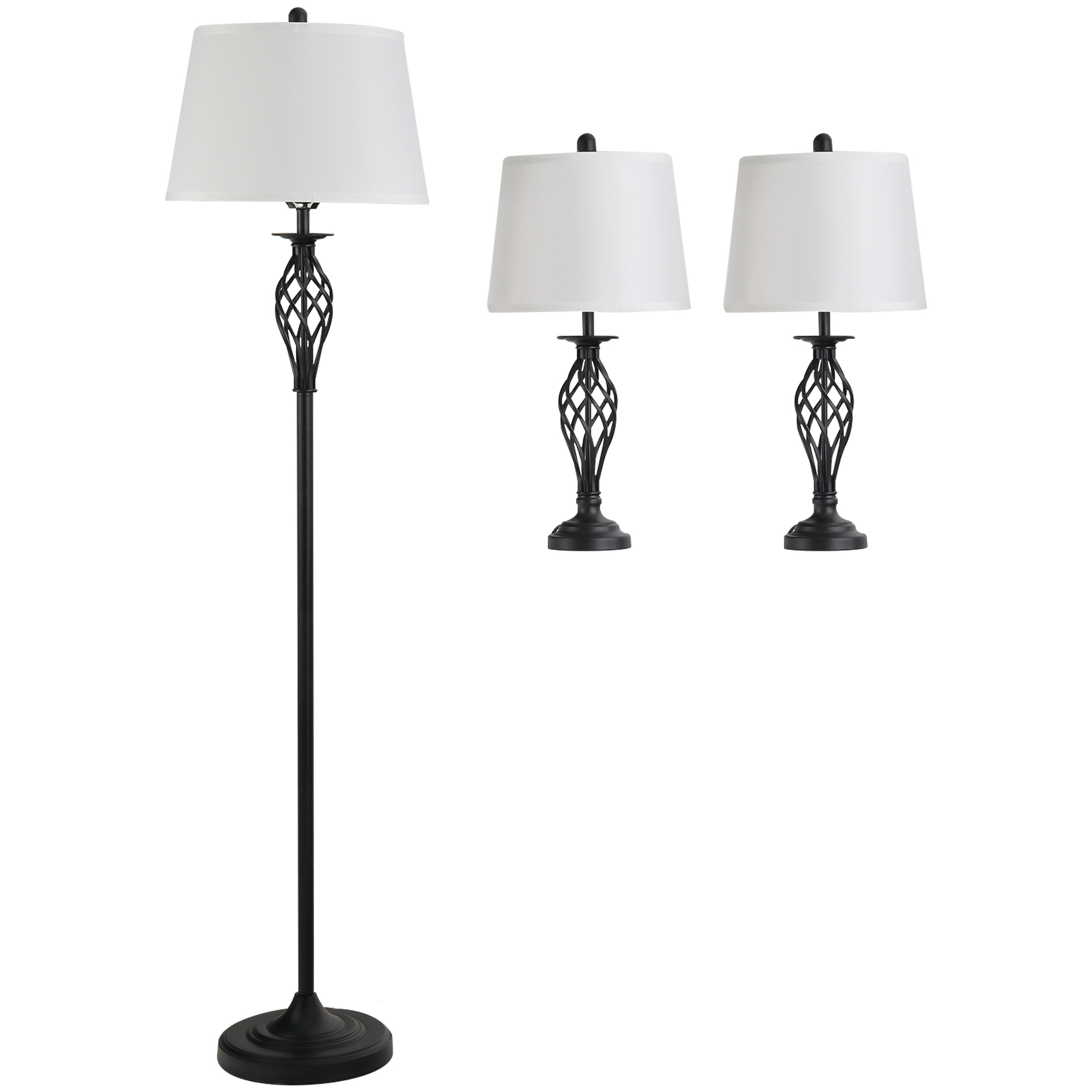 HOMCOM 3er Lampenset 2 Tischlampen 1 Stehlampe Vintage Schwarz Weiß Metall Baumwolle Tischlampe Ø38cm Stehlampe Ø62cm für Wohnzimmer Aosom.de