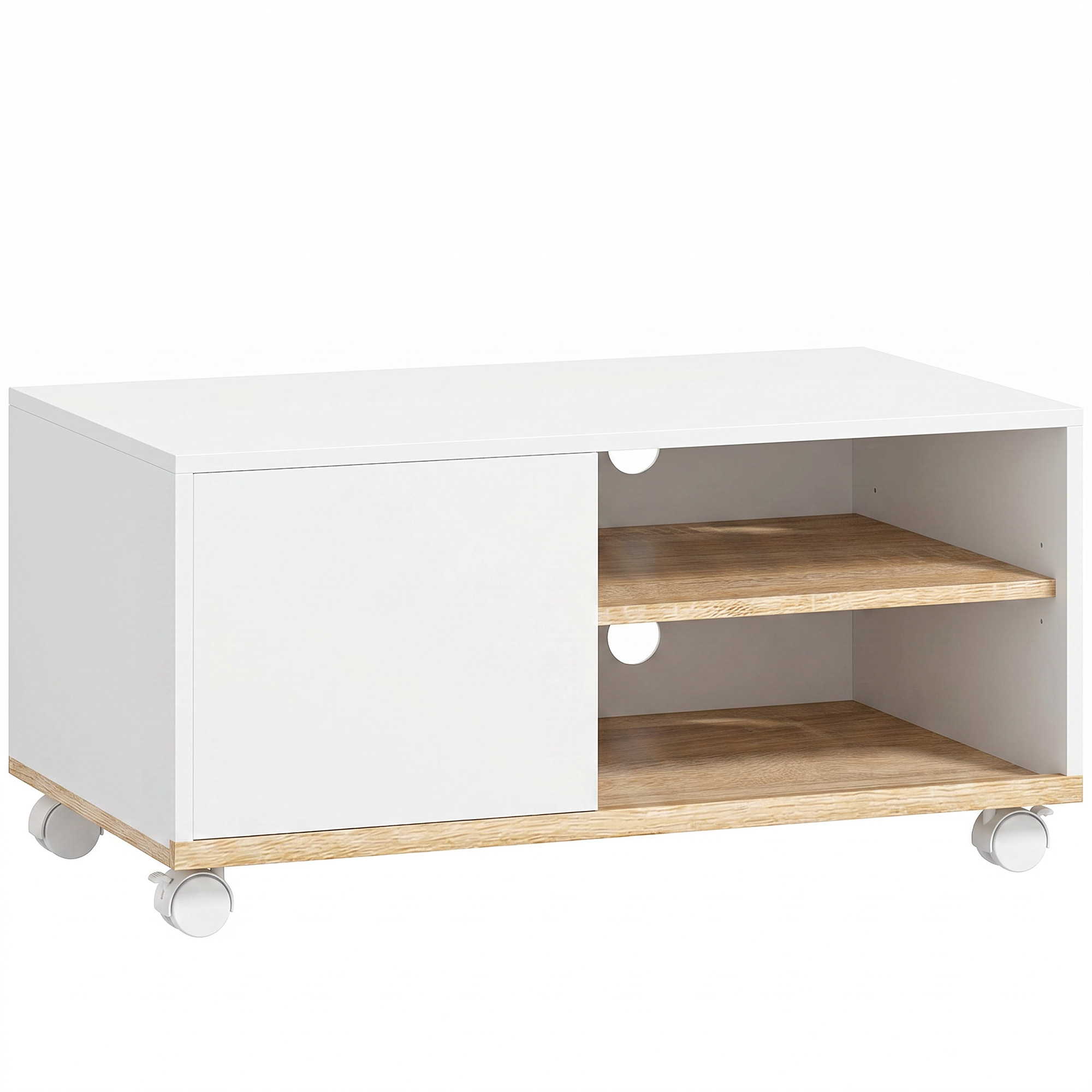 HOMCOM TV Schrank Lowboard auf Rollen mit Schrank, Kabelführung und verstellbarer Ablage, Fernsehtisch für Fernseher bis 32 Zoll, TV Board für Wohnzimmer, Weiß und Eiche, 80 x 45 x 41 cm Aosom