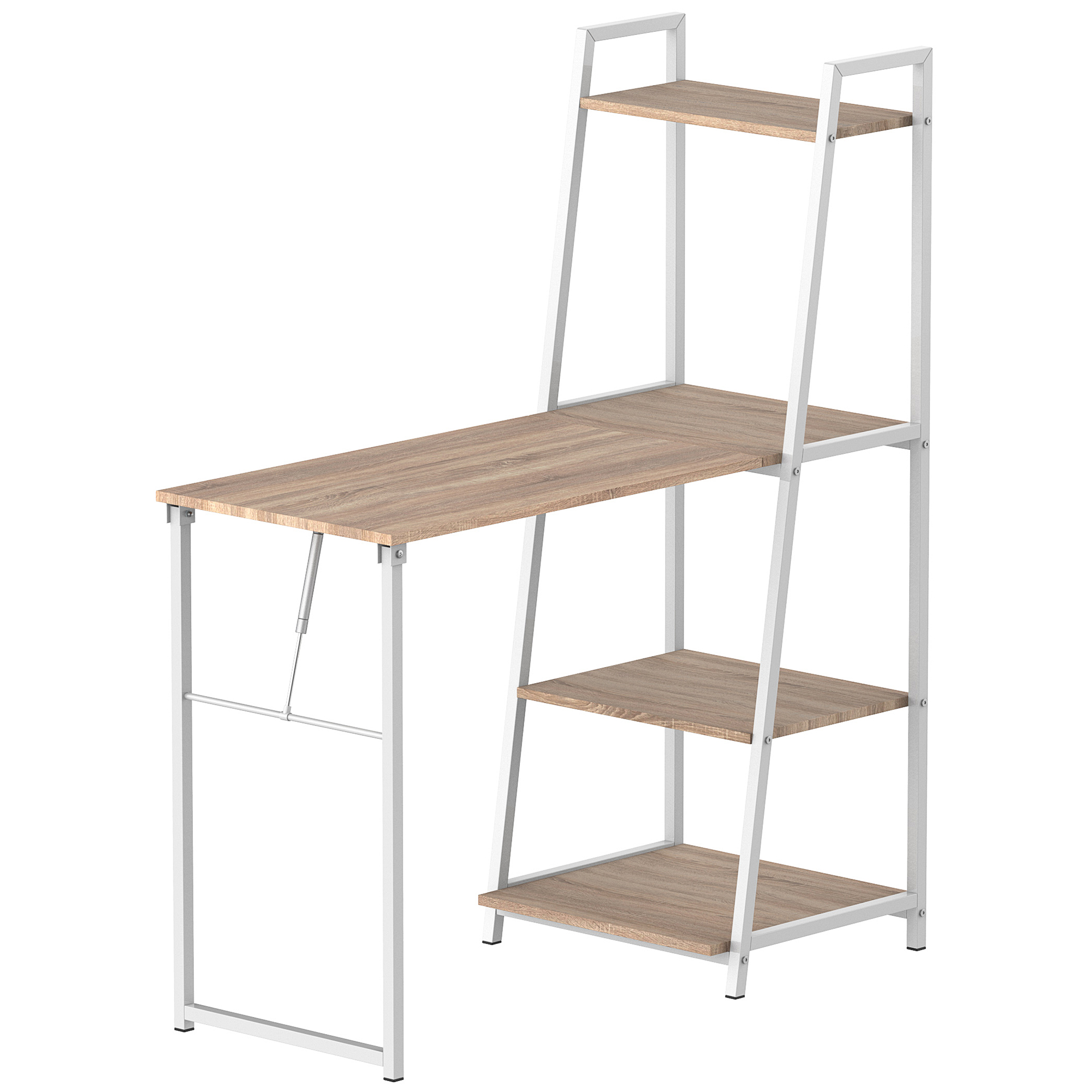 HOMCOM Schreibtisch klappbar mit 4 Tier Bücherregal, Computertisch, Bürotisch, E1 Spanplatte, Metallrahmen, Natur+Weiß, 106 x 48 x 128 cm Aosom