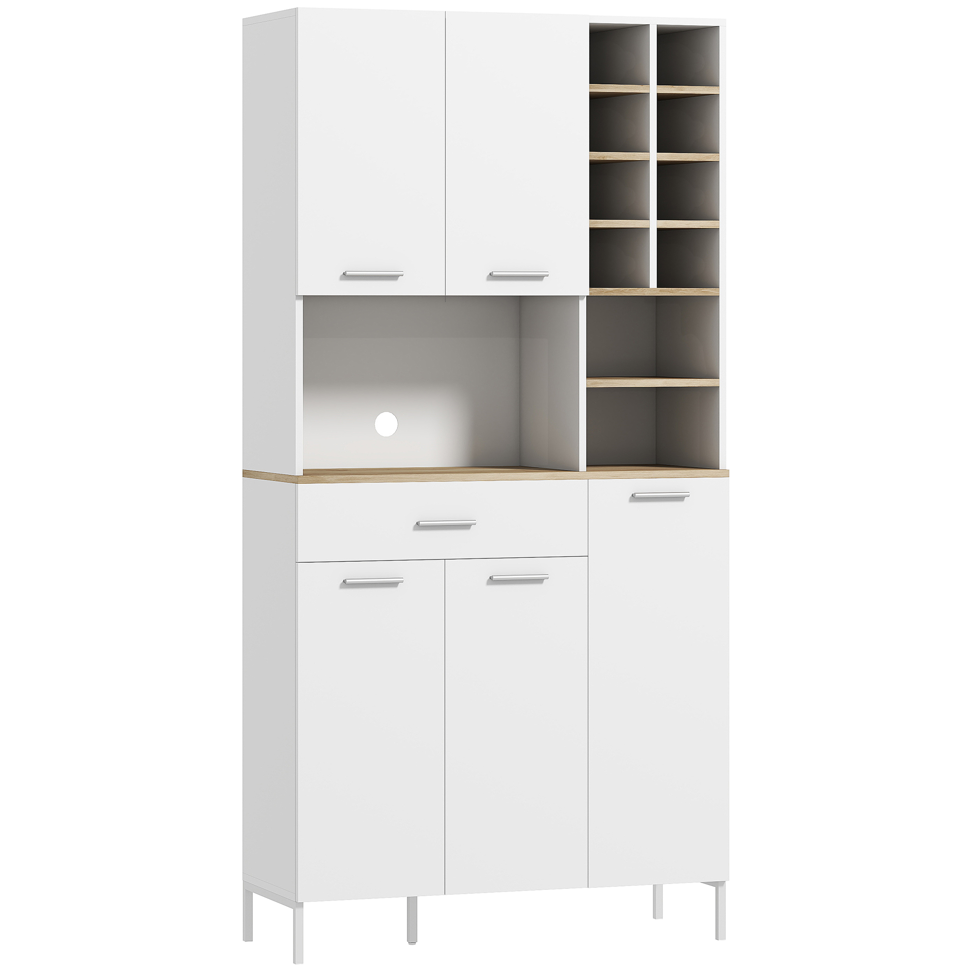 HOMCOM Küchenschrank Buffetschrank mit Arbeitsplatte, 5 Türen, Weinregal, Schublade, Hochschrank mit Verstellbaren Einlegeböden, Kabelloch, Moderner Vorratsschrank, Weiß, 90 x 35 x 183 cm   Aosom
