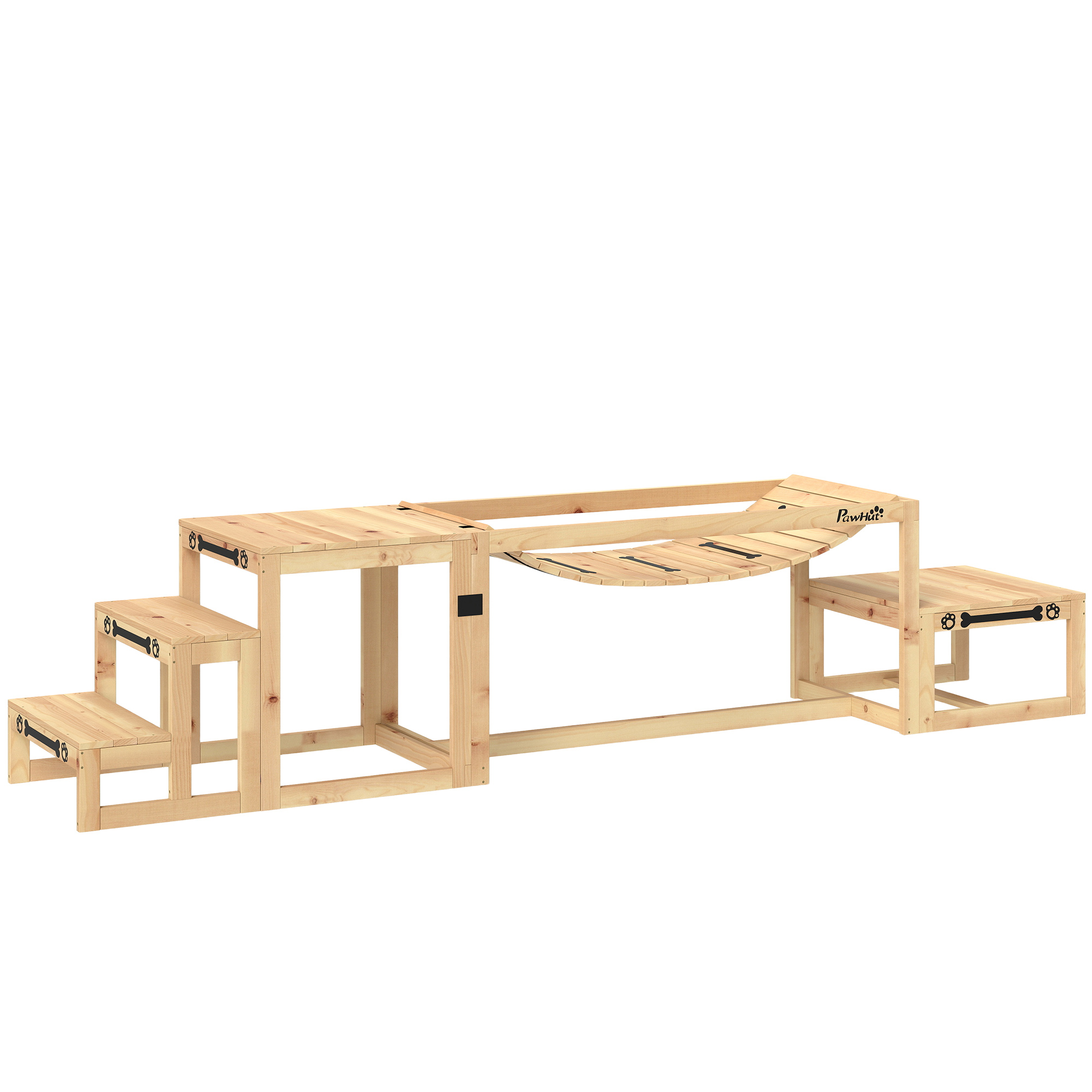 PawHut Hunde Agility Set, 4er-Set Hundetraining mit Brücke, Treppe, Plattform, Agility-Ausrüstung aus Tannenholz für große Hunde bis 40 kg, Naturholz Aosom