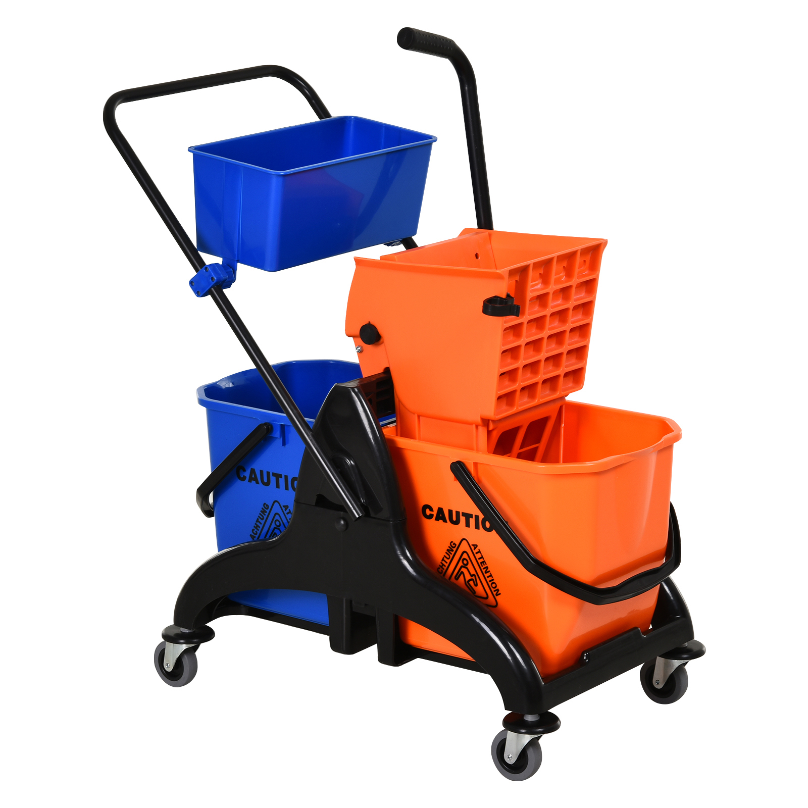 HOMCOM Reinigungswagen Professioneller Reinigungswagen mit Backenpresse 2 Eimer + Aufbewahrung Orange Blau   Aosom