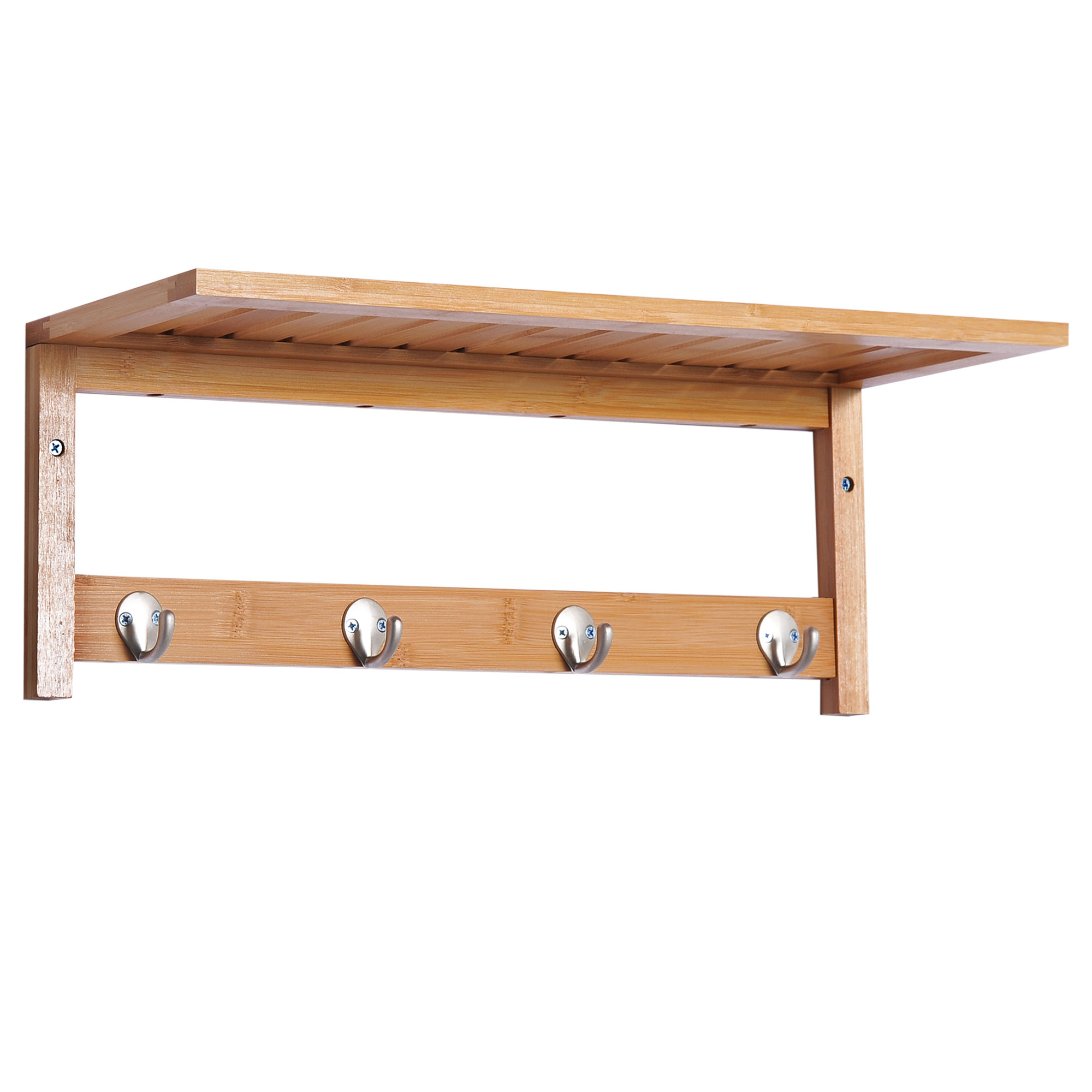 HOMCOM Wandgarderobe Garderobe mit 4 Haken Ablage, Wandmontage platzsparend Garderobenpaneel 5 kg belastbar, für die Wand Flur Schlafzimmer 50 x 16 x 17,5 cm Naturholz   Aosom