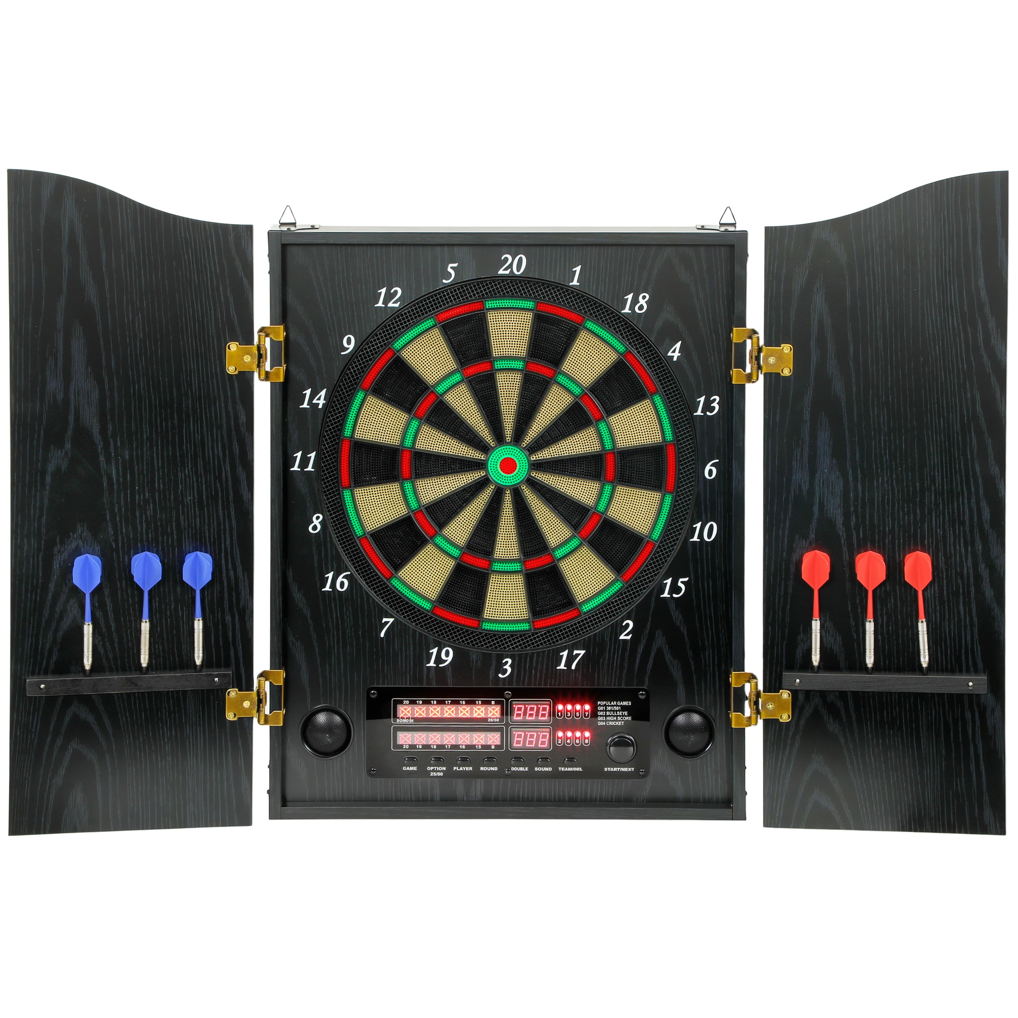 SPORTNOW Elektronische Dartscheibe E Dartboard mit Schrank Holzoptik LED Anzeige Sprachansagen, Dartautomat mit 6 Softdarts, 24 Ersatzspitzen, 25 Spiele, 202 Varianten, Dartscheibe Set für 1-8 Spieler Aosom