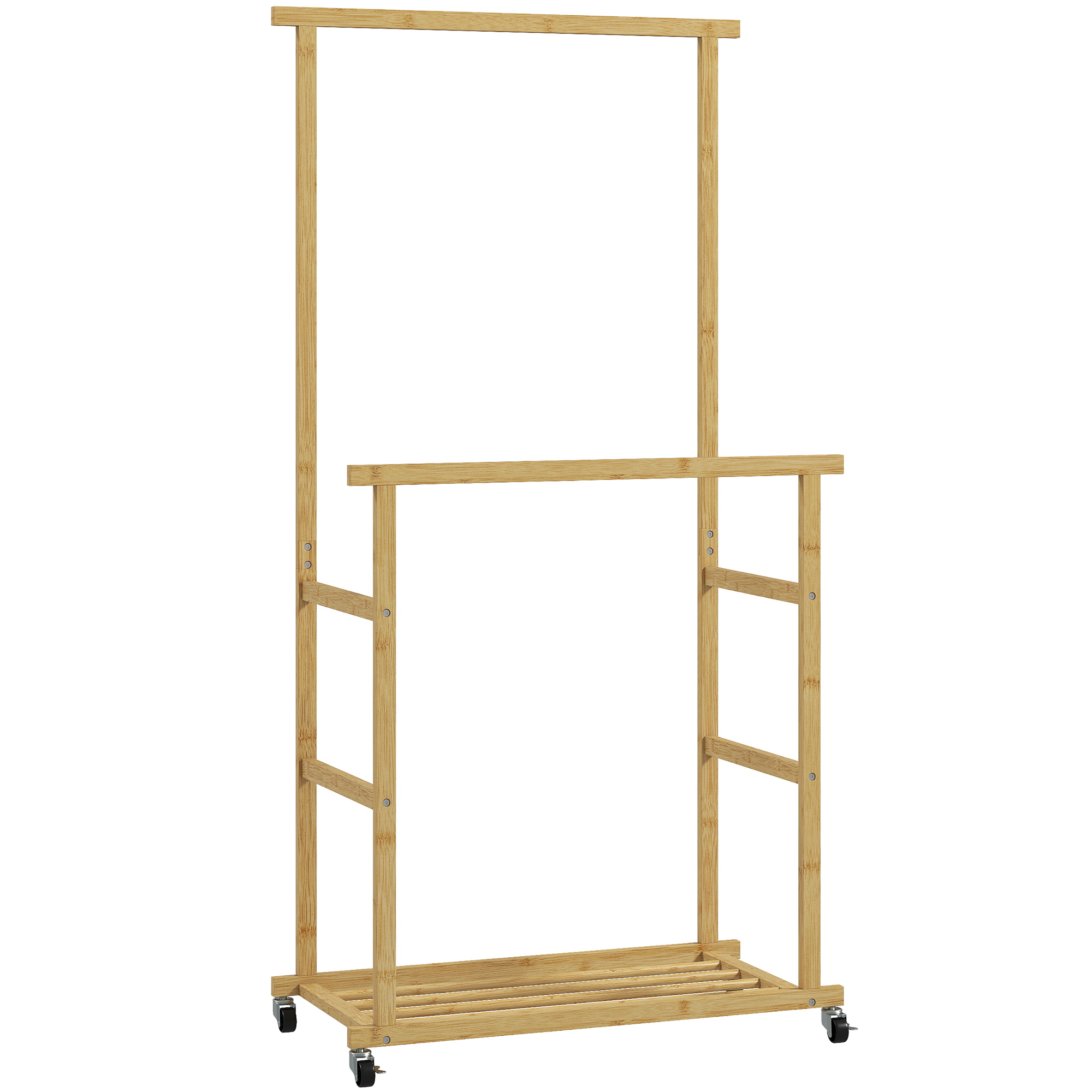 HOMCOM Kleiderständer mit Rollen, Garderobenständer mit Kleiderstange, Schuhablage, Garderobe aus Bambus für Schlafzimmer, Ausstellungen, Waschküche, Natur   Aosom