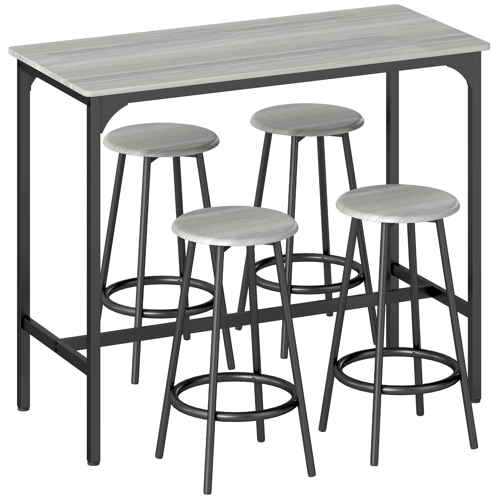 HOMCOM Bartisch mit Barhocker Set, 5-tlg. Bartisch-Set, Küchentisch mit 4 Barhocker, Essgruppe im Industriedesign, für Küche, Esszimmer, Metall, Grau Aosom