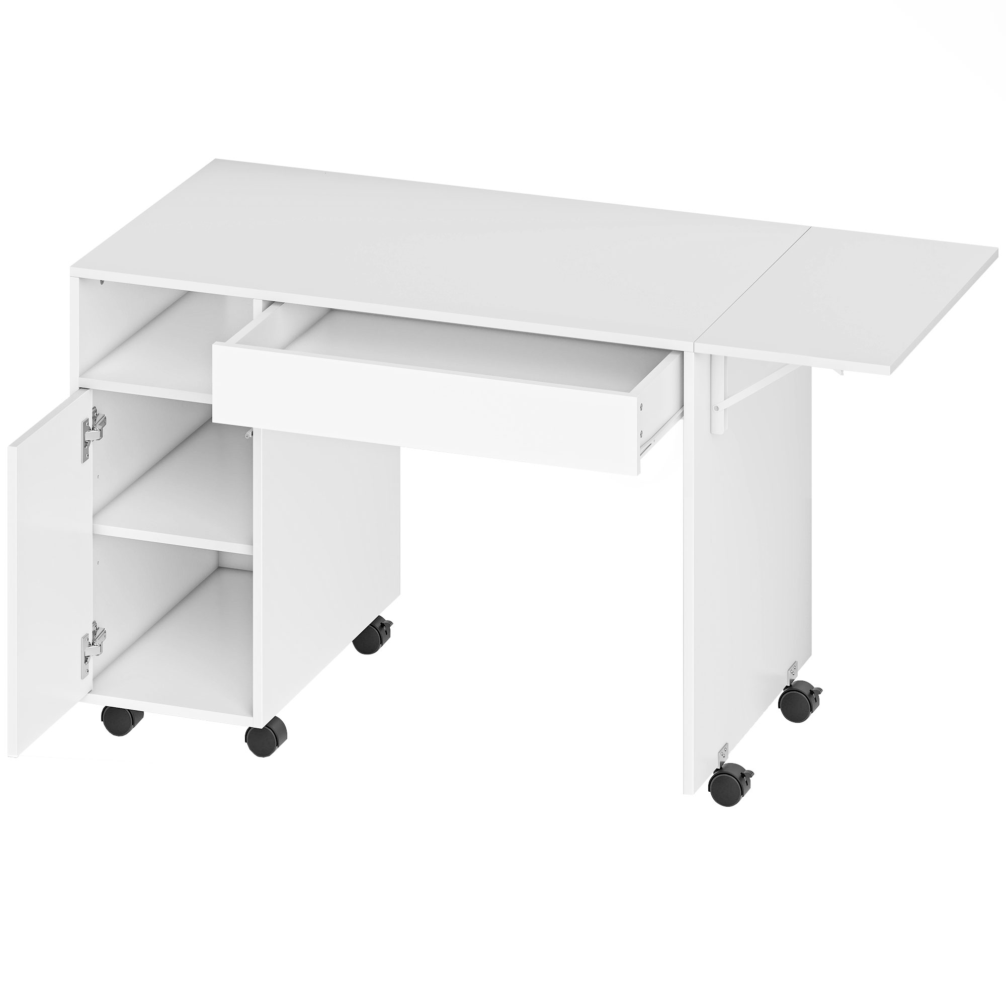 HOMCOM Schreibtisch mit Rollen, Bürotisch mit Schublade, Klappplatte und Schrank 140 x 53 x 75 cm Moderner Computertisch mit offenem Fach, Vertsellbar Regal für Büro, Wohnzimmer Weiß Aosom