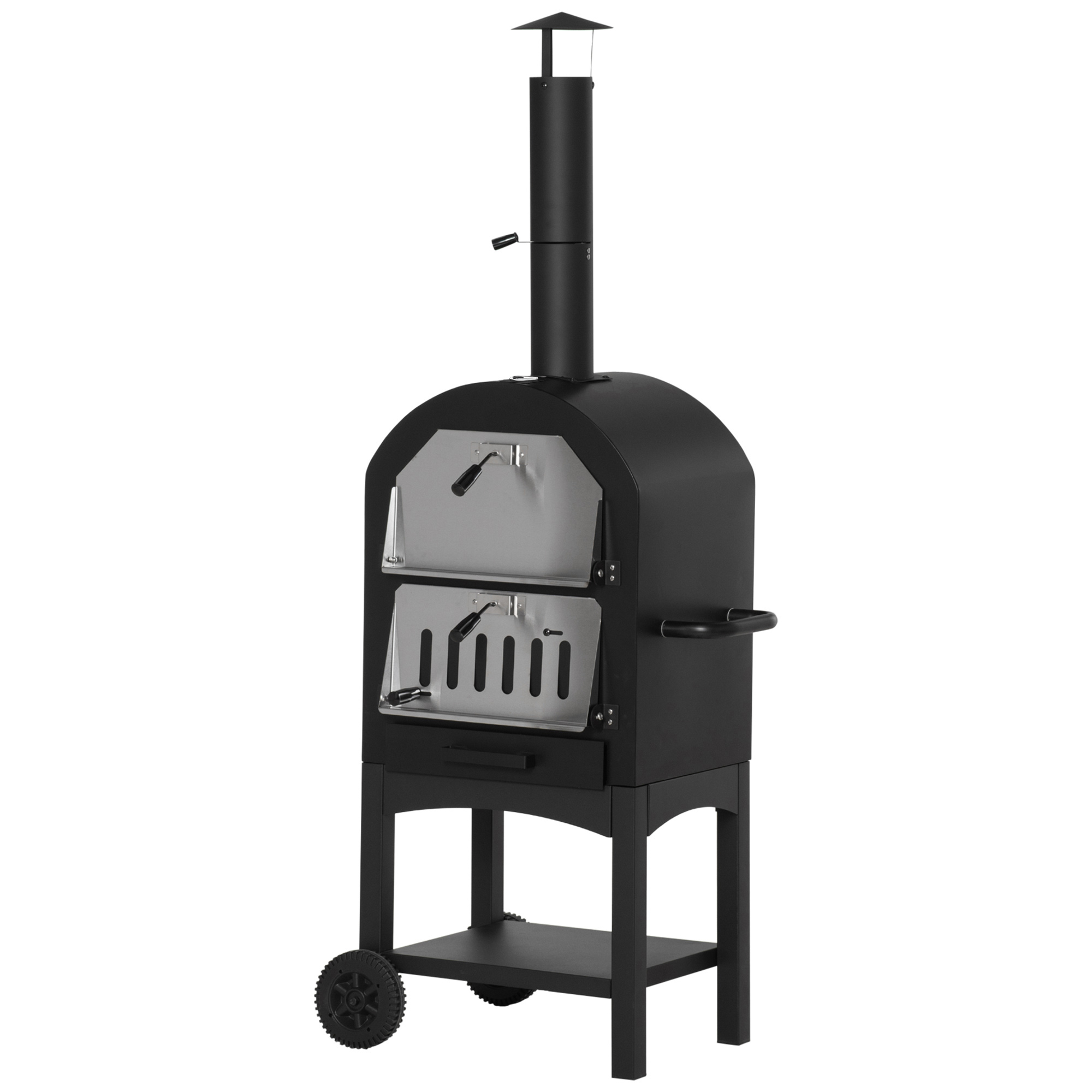 Outsunny Pizzaofen Outdoor 2-In-1 mit Rollen, Grillofen, Schutzhülle, Pizzaschaufel, 2 Grillnetzen, 3-Tier Holzbackofen, 63x54x161cm Aosom