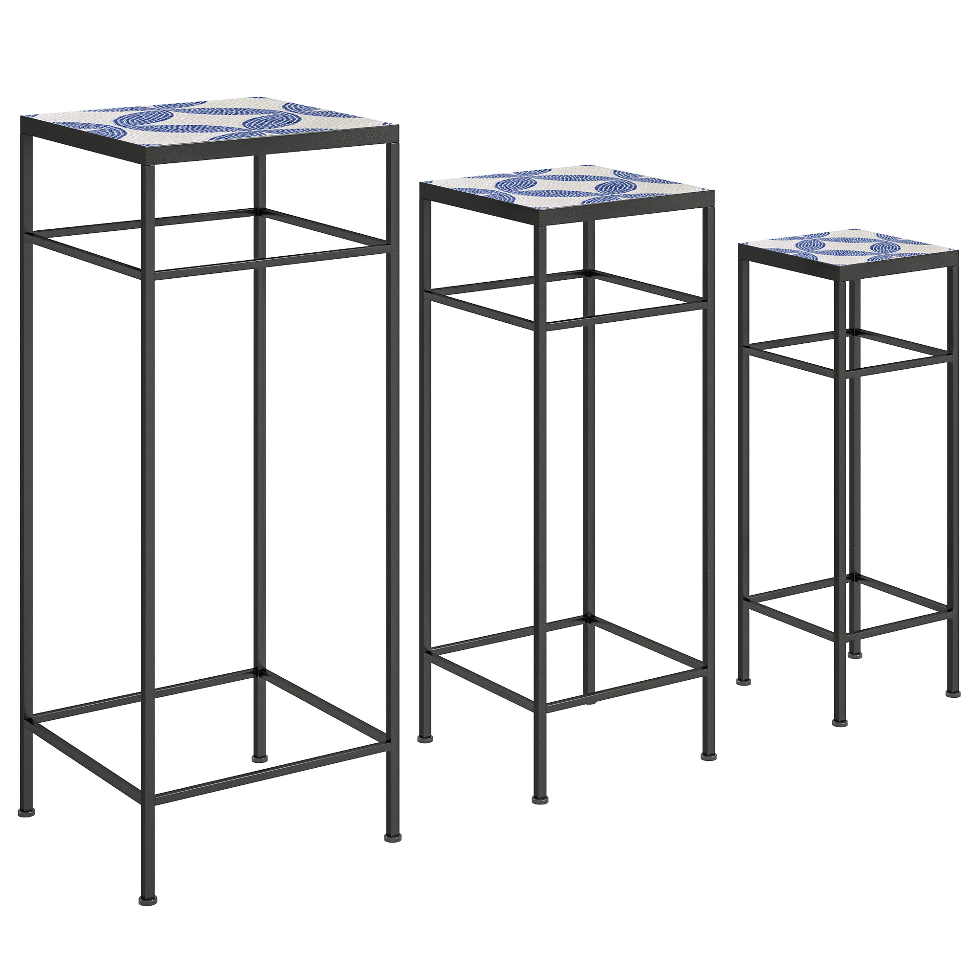 Outsunny 3er-Set Pflanzenständer, 71 cm hoch Blumenständer für Innen, Pflanzenregal aus Metall, 3 verschieden große Blumenregal, Blumenhocker, Blumentopfständer für Wohnzimmer Garten Balkon Blau+Weiß Aosom