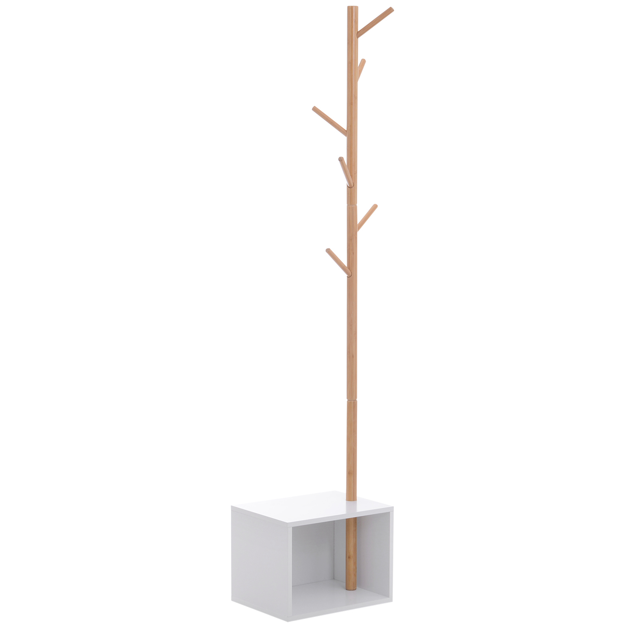 HOMCOM Garderobenständer Kleiderhaken Garderobe mit Sitzbank Stauraum Baum-Design Zweige 6 Haken Bambus Weiß Natur 40 x 30 x 180 cm   Aosom